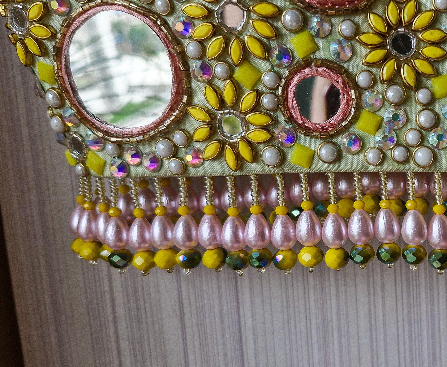 Hand Embroidered Mint Green Bejeweled Blouse, Mirror, Beads Embellished Silk Spaghetti DVBL_519