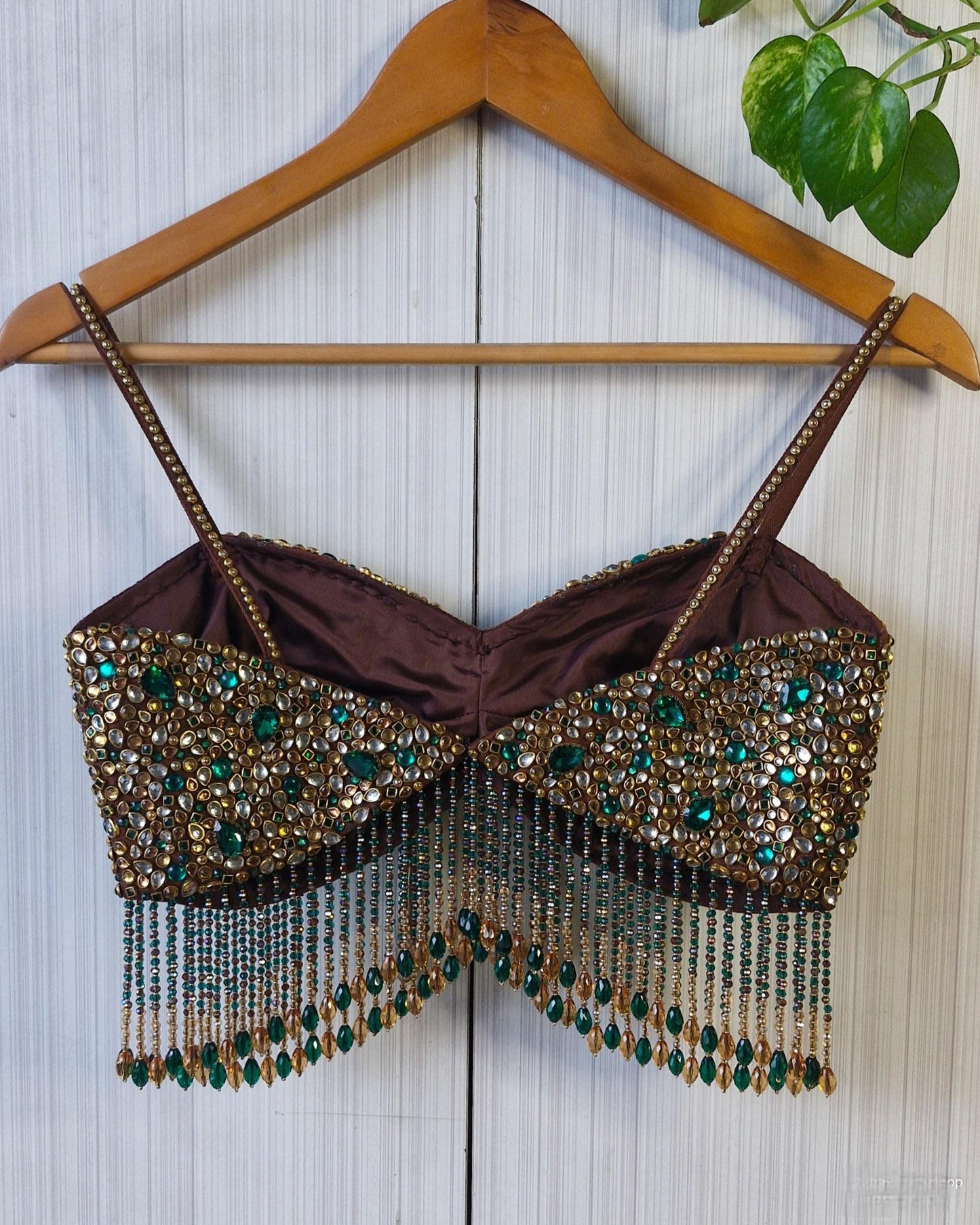 Hand Embroidered Brown Spaghetti Blouse, Beads & Kundan Embellishment, Bejeweled Bralette DVBL_516