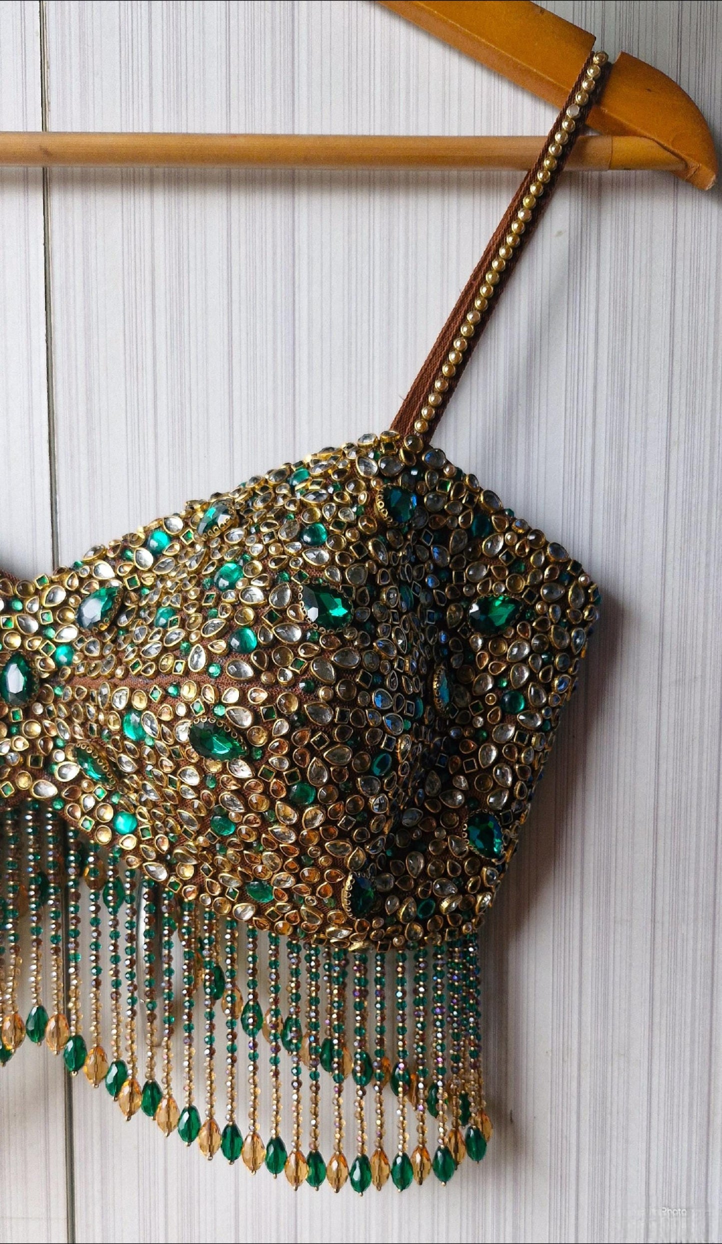 Hand Embroidered Brown Spaghetti Blouse, Beads & Kundan Embellishment, Bejeweled Bralette DVBL_516