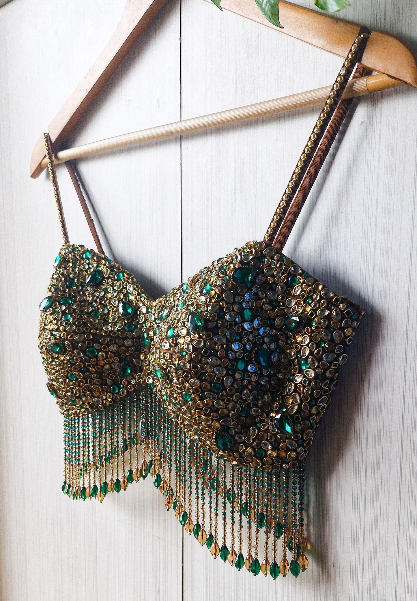 Hand Embroidered Brown Spaghetti Blouse, Beads & Kundan Embellishment, Bejeweled Bralette DVBL_516