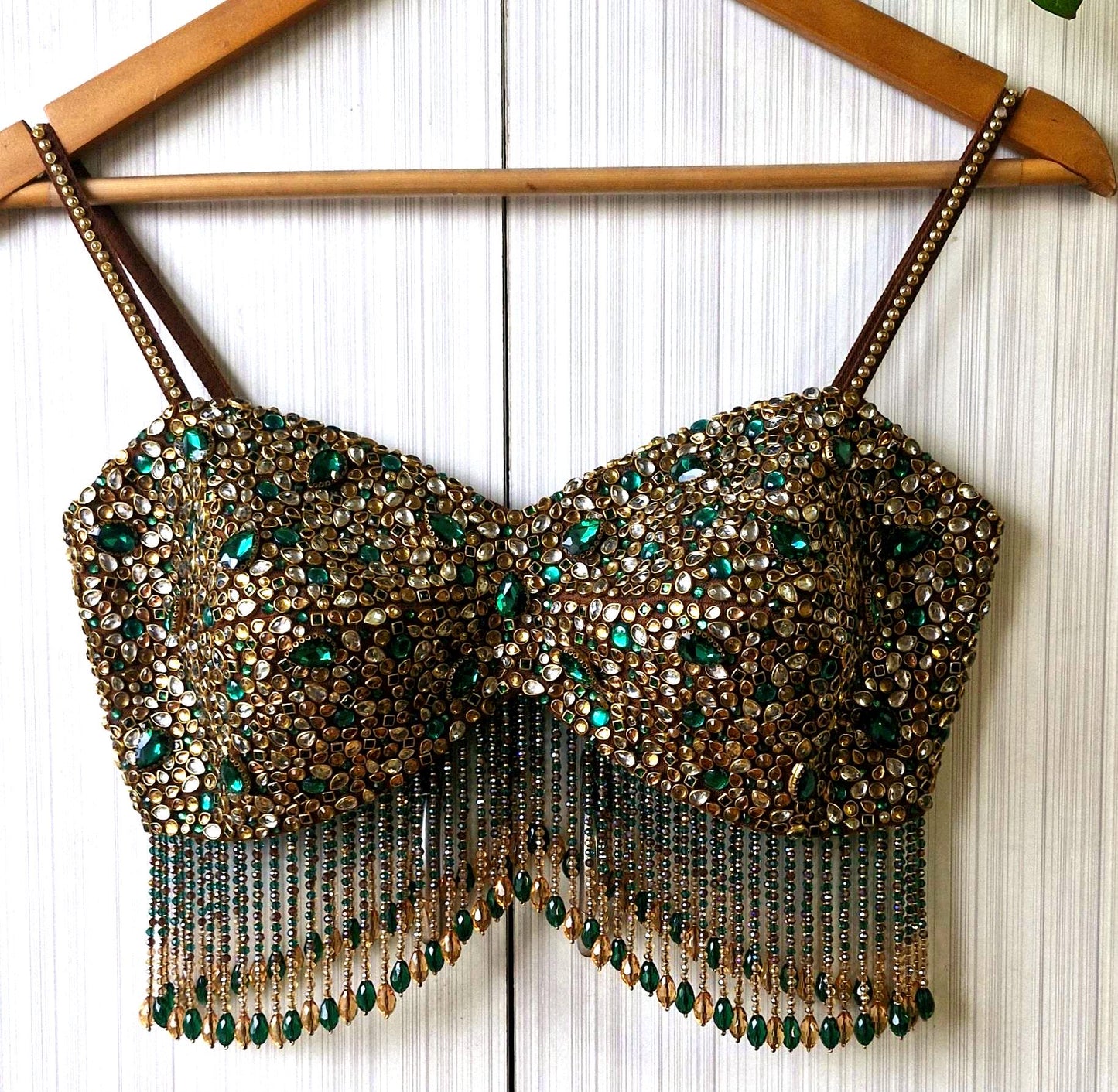 Hand Embroidered Brown Spaghetti Blouse, Beads & Kundan Embellishment, Bejeweled Bralette DVBL_516