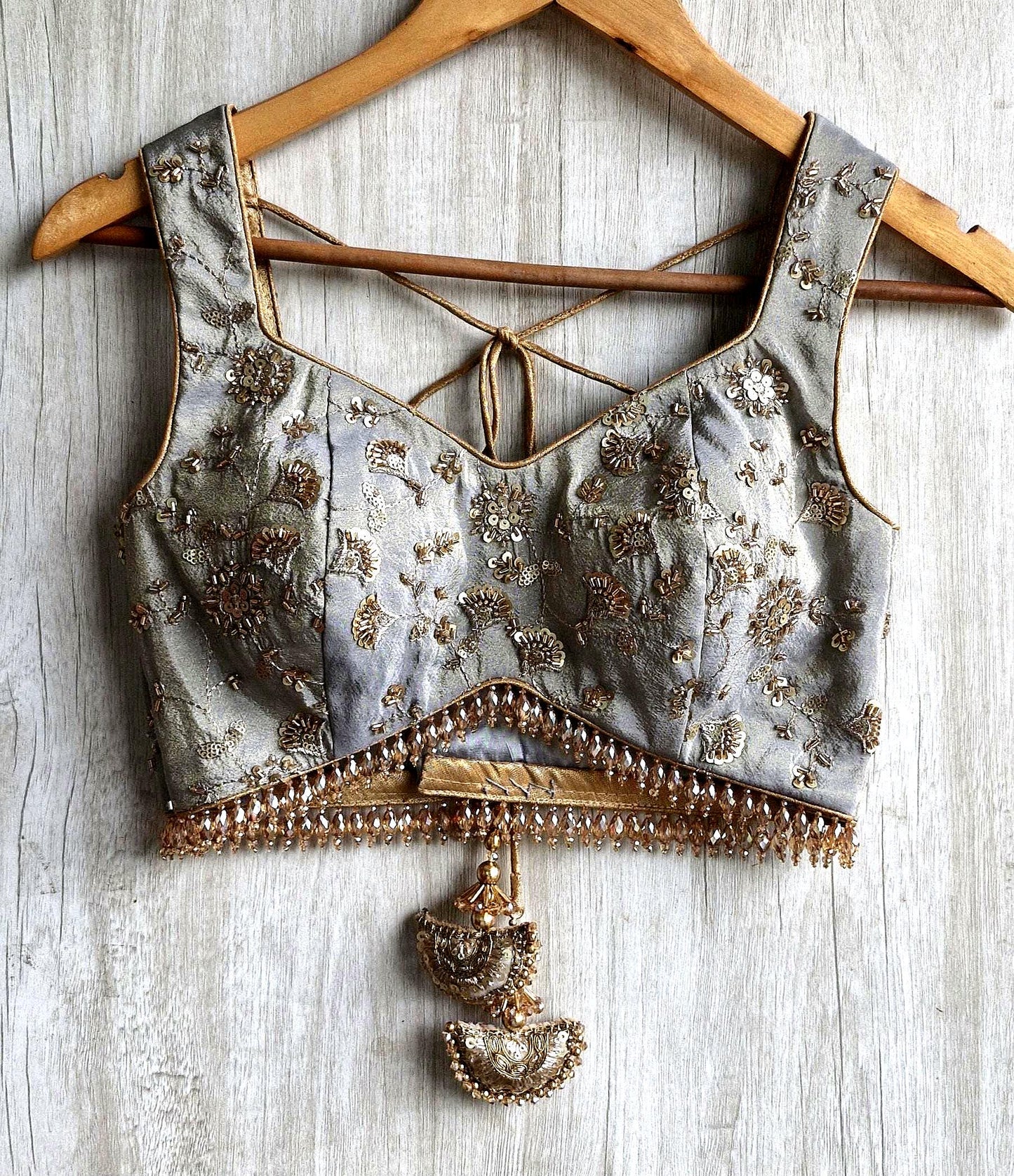 Grey Embroidered Tissue Silk Sweetheart Neck Blouse