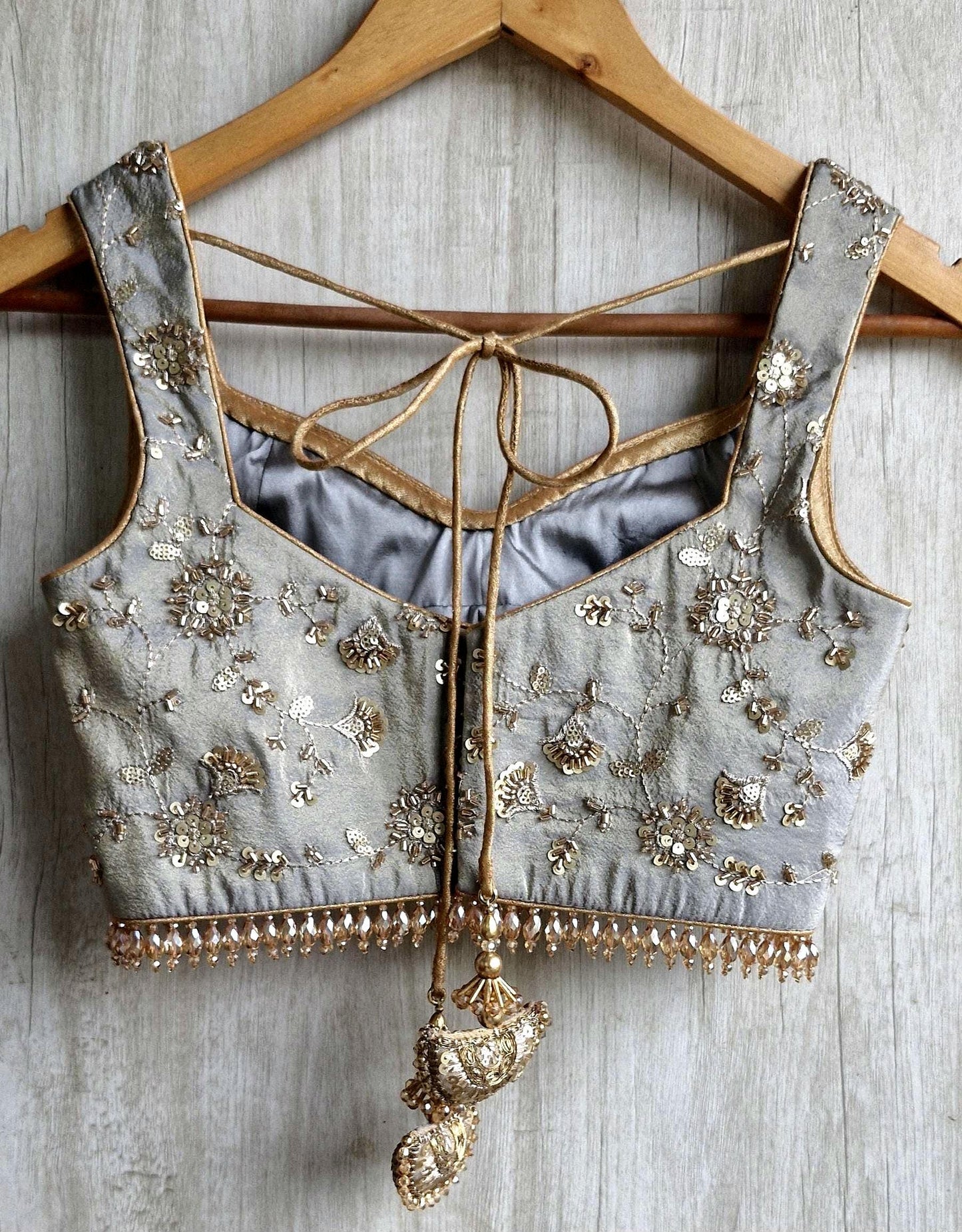 Grey Embroidered Tissue Silk Sweetheart Neck Blouse