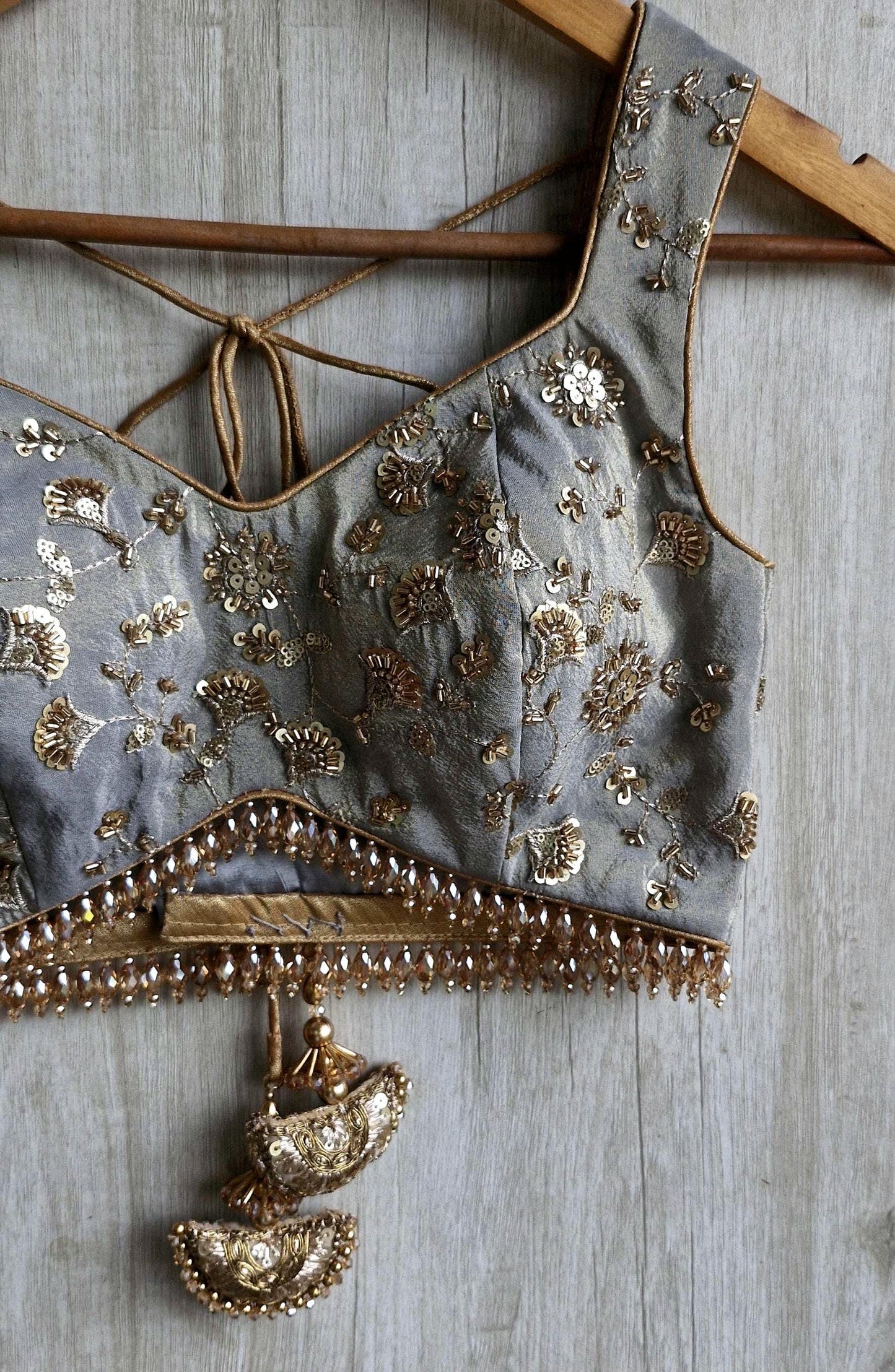 Grey Embroidered Tissue Silk Sweetheart Neck Blouse