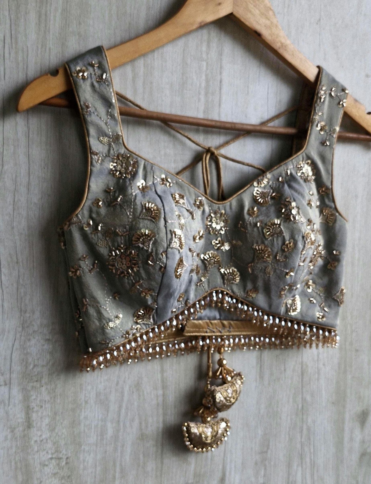Grey Embroidered Tissue Silk Sweetheart Neck Blouse