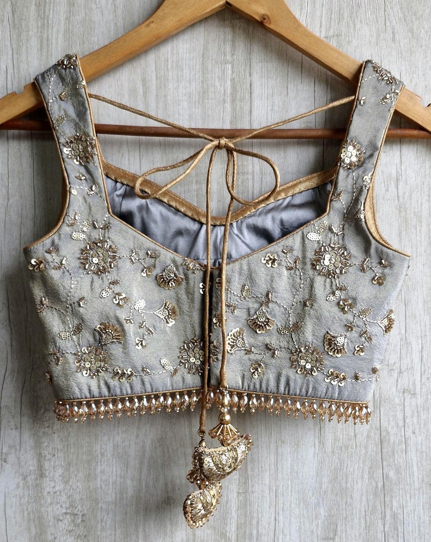 Grey Embroidered Tissue Silk Sweetheart Neck Blouse