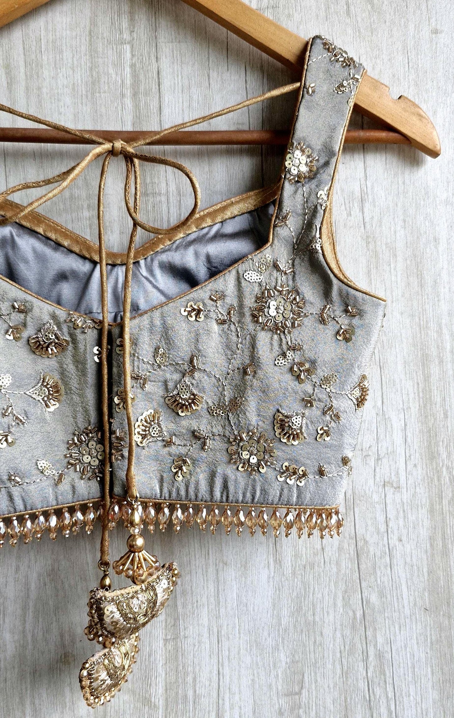 Grey Embroidered Tissue Silk Sweetheart Neck Blouse