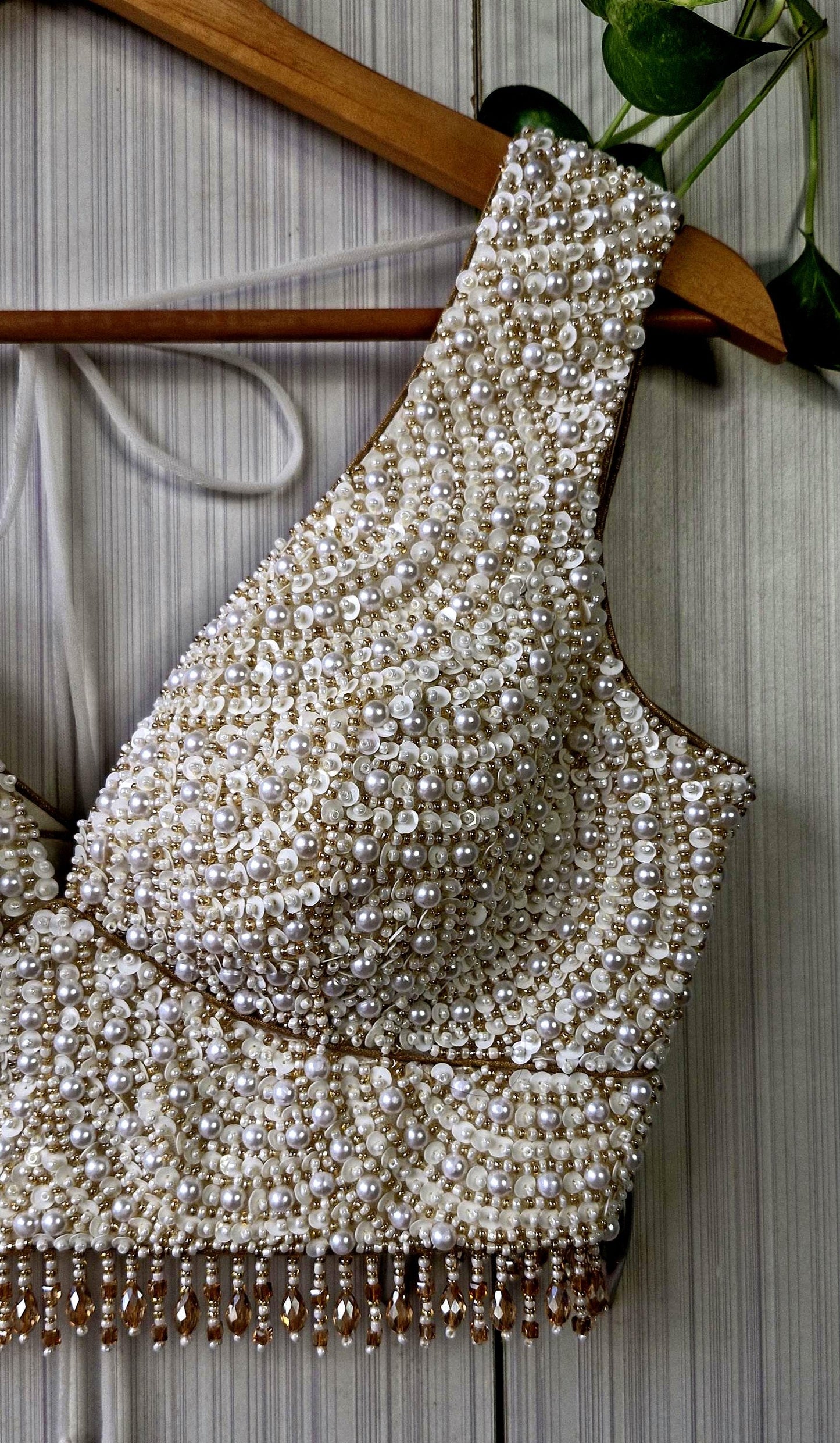 Hand Embroidered Ivory Gold Blouse, V Neck, Beads & Sequins DVBL_518