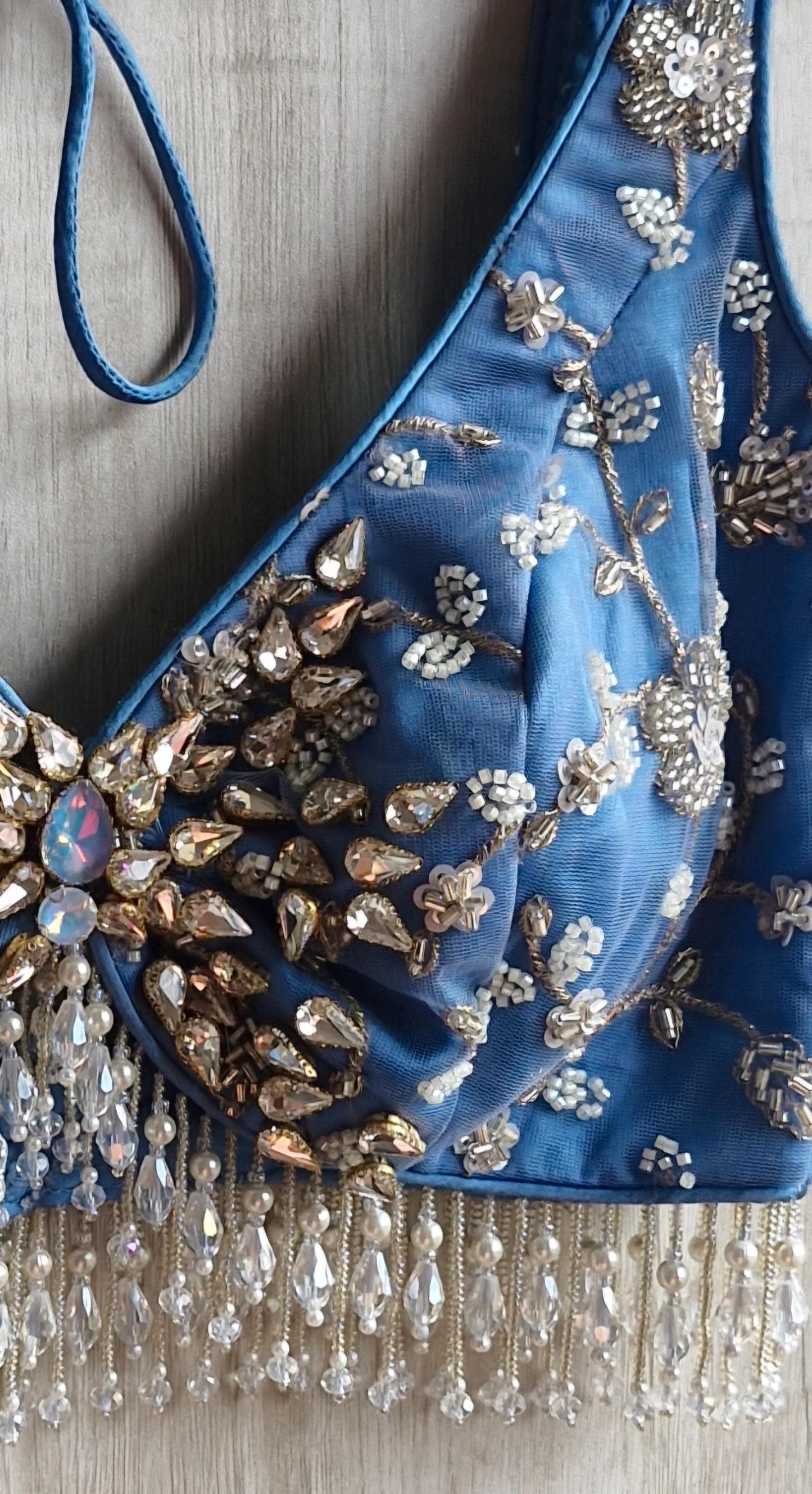 Embroidered Ice Blue Bejeweled Blouse, Stones Embellished Bralette