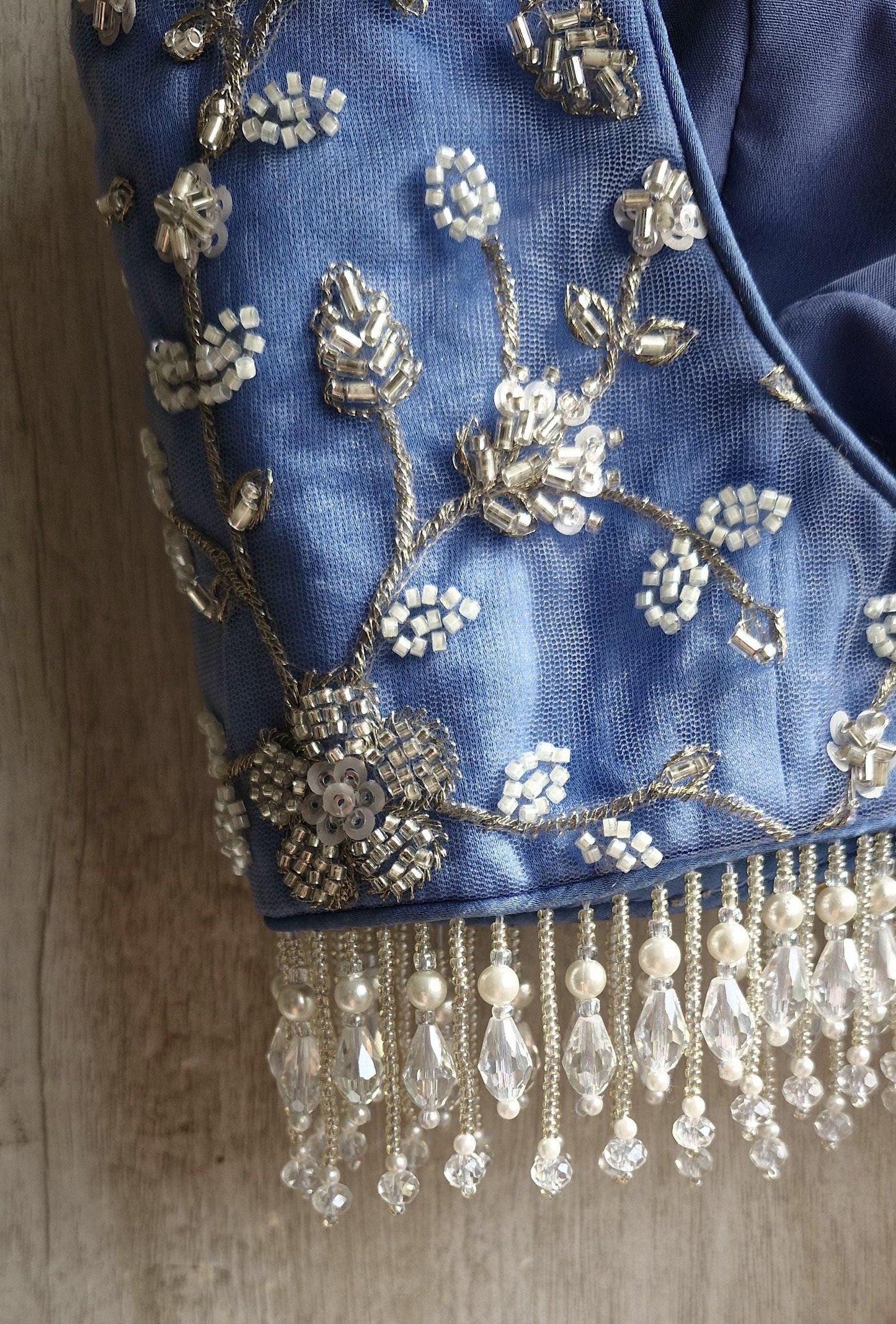 Embroidered Ice Blue Bejeweled Blouse, Stones Embellished Bralette