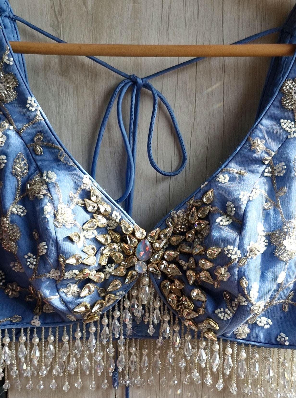 Embroidered Ice Blue Bejeweled Blouse, Stones Embellished Bralette