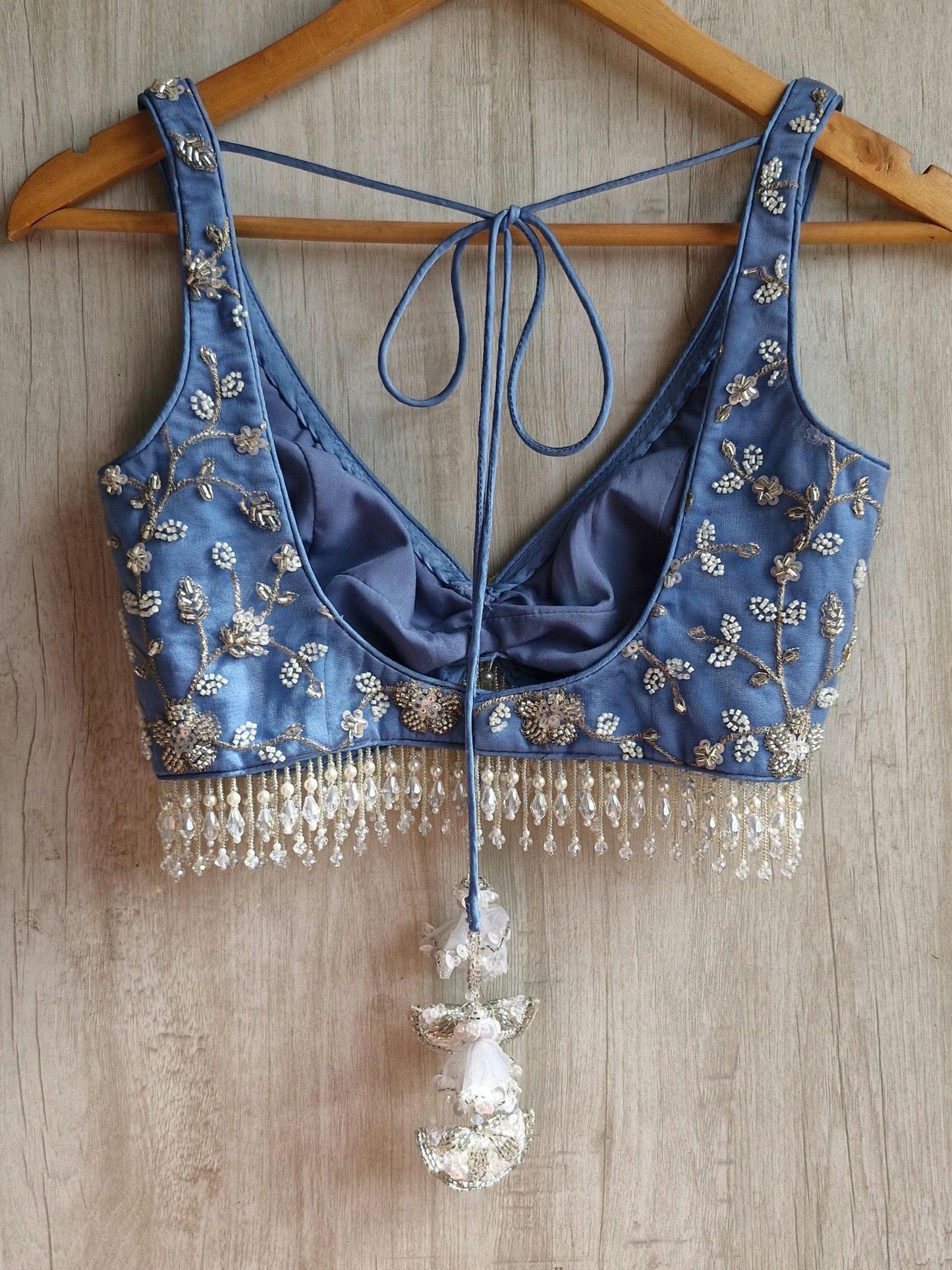 Embroidered Ice Blue Bejeweled Blouse, Stones Embellished Bralette