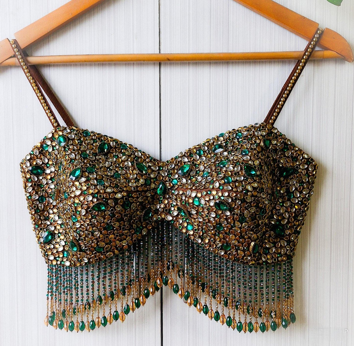Hand Embroidered Brown Spaghetti Blouse, Beads & Kundan Embellishment, Bejeweled Bralette DVBL_516