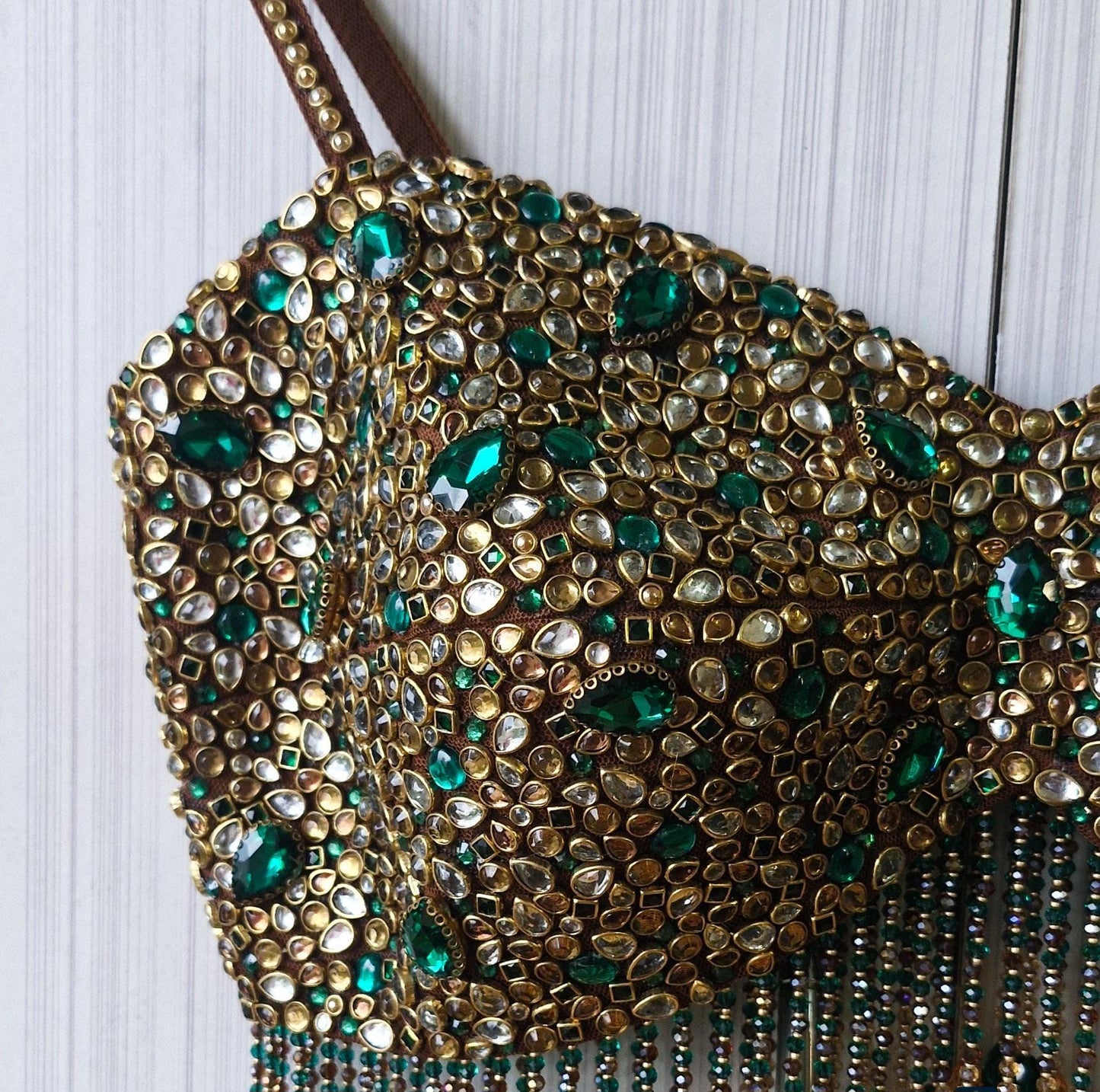 Hand Embroidered Brown Spaghetti Blouse, Beads & Kundan Embellishment, Bejeweled Bralette DVBL_516