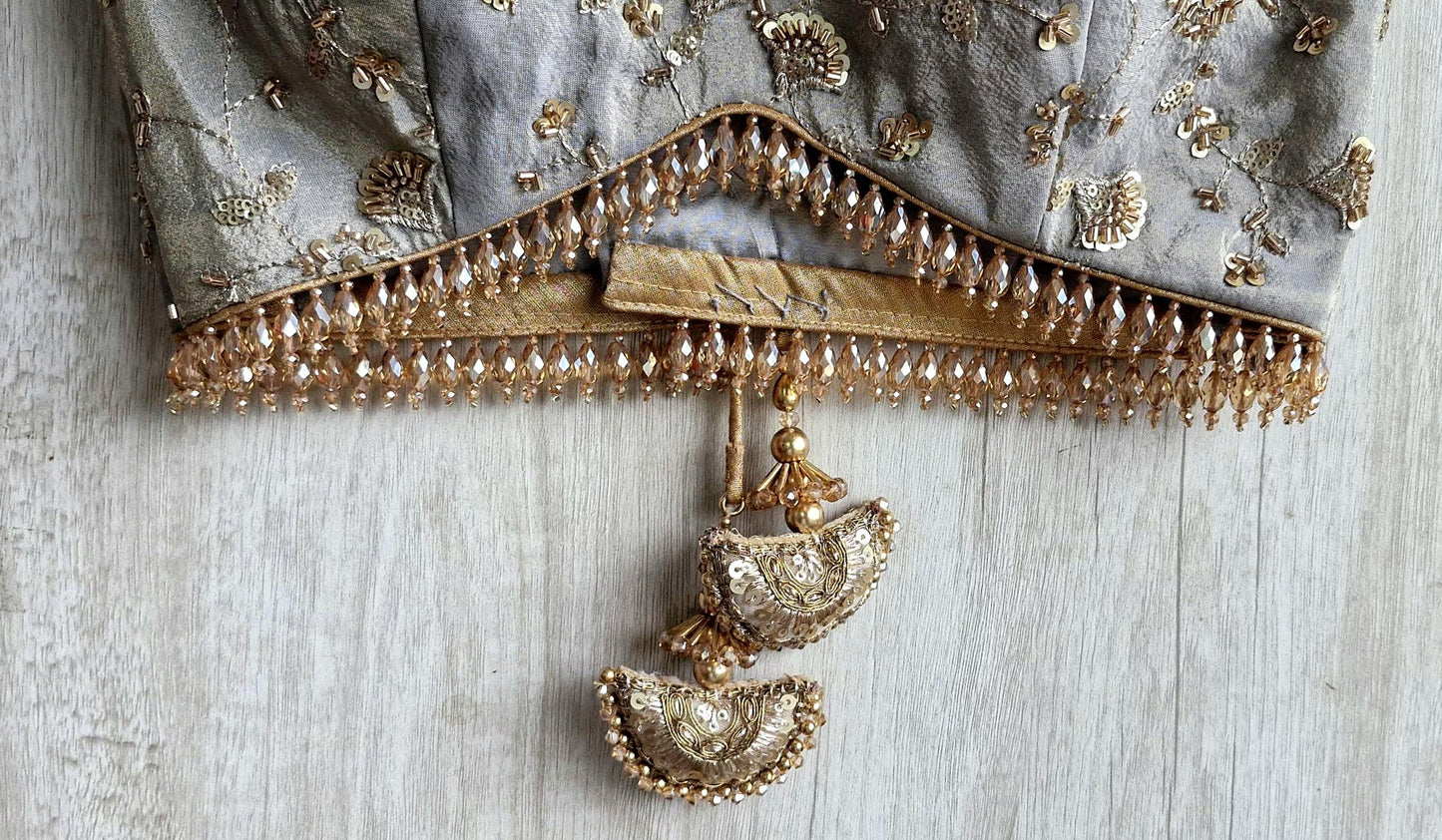 Grey Embroidered Tissue Silk Sweetheart Neck Blouse