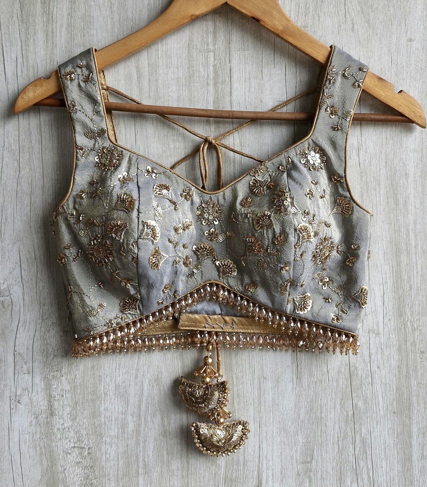 Grey Embroidered Tissue Silk Sweetheart Neck Blouse