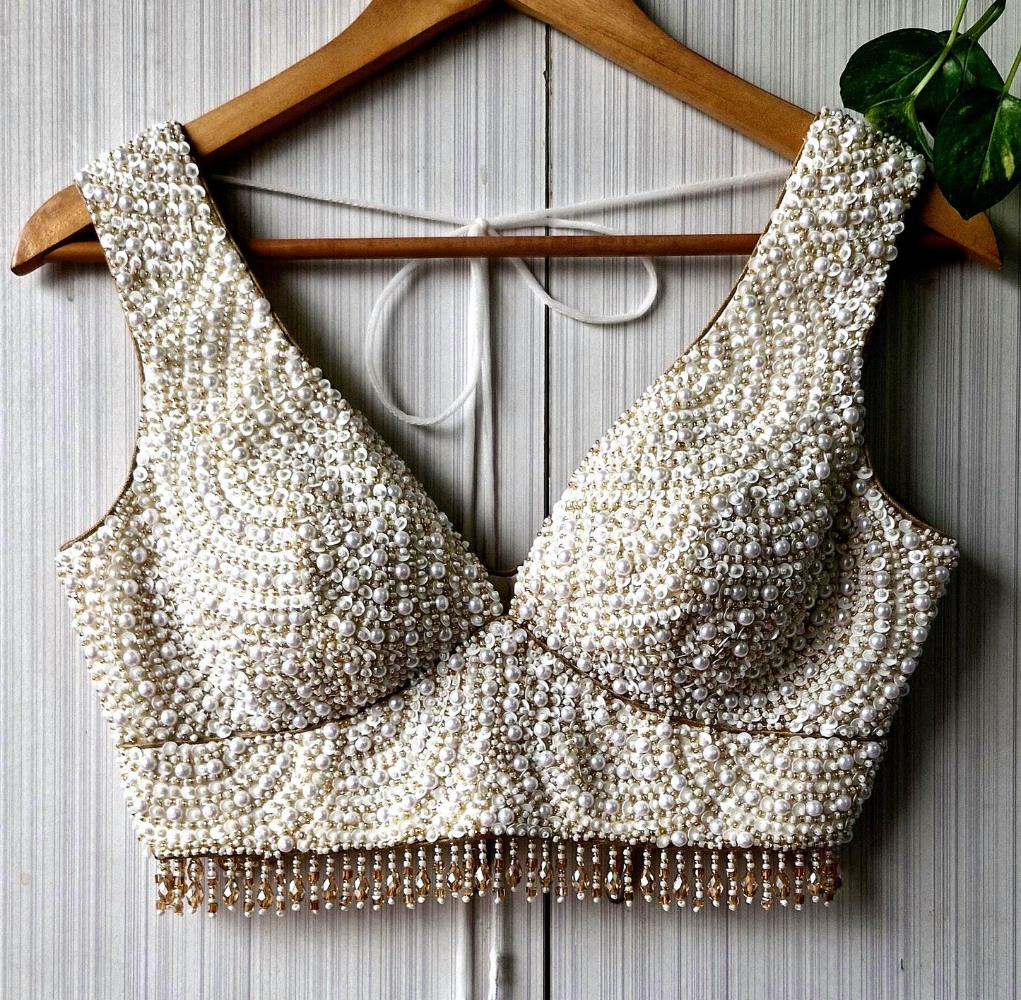 Hand Embroidered Ivory Gold Blouse, V Neck, Beads & Sequins DVBL_518