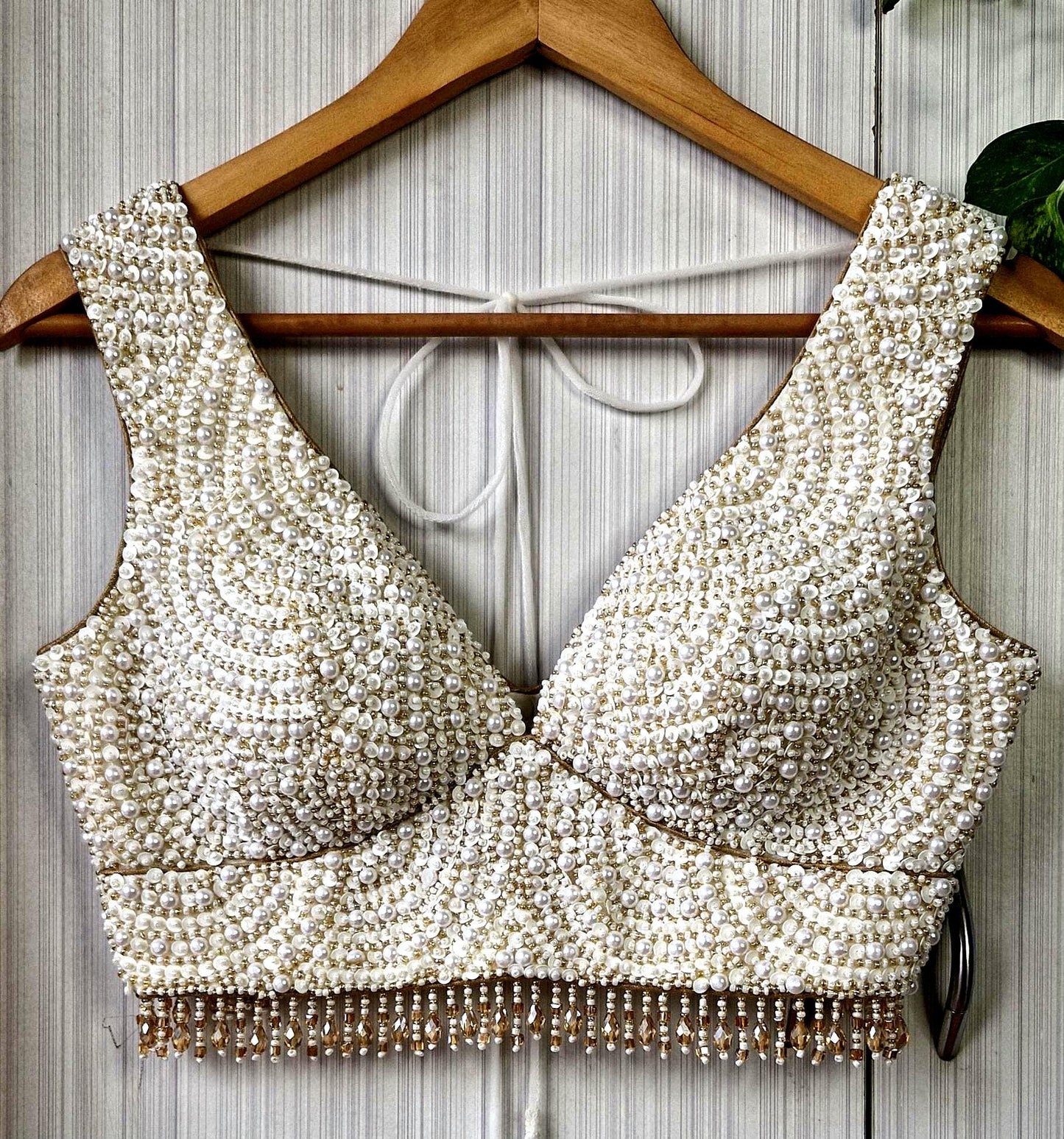 Hand Embroidered Ivory Gold Blouse, V Neck, Beads & Sequins DVBL_518