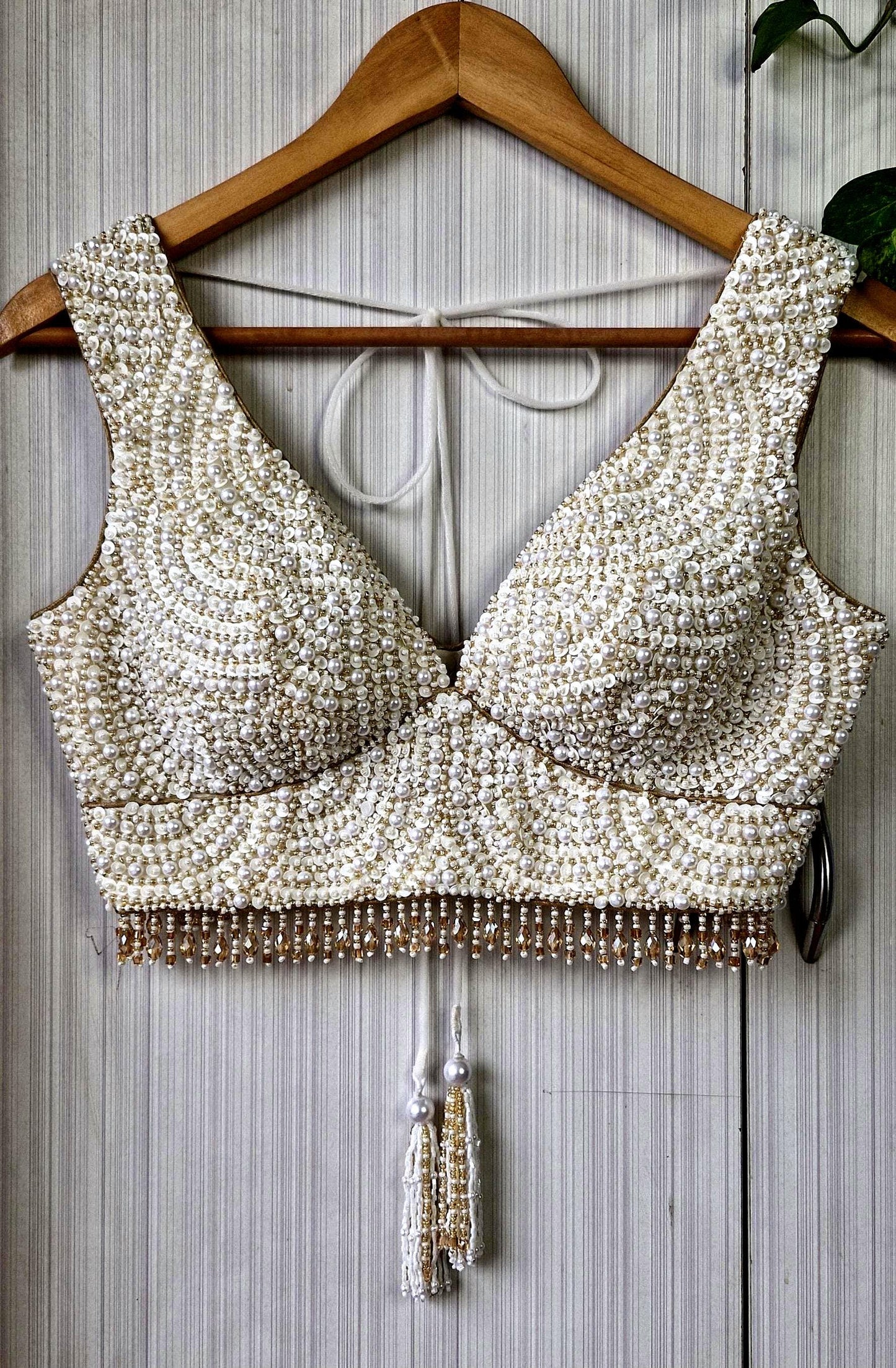 Hand Embroidered Ivory Gold Blouse, V Neck, Beads & Sequins DVBL_518