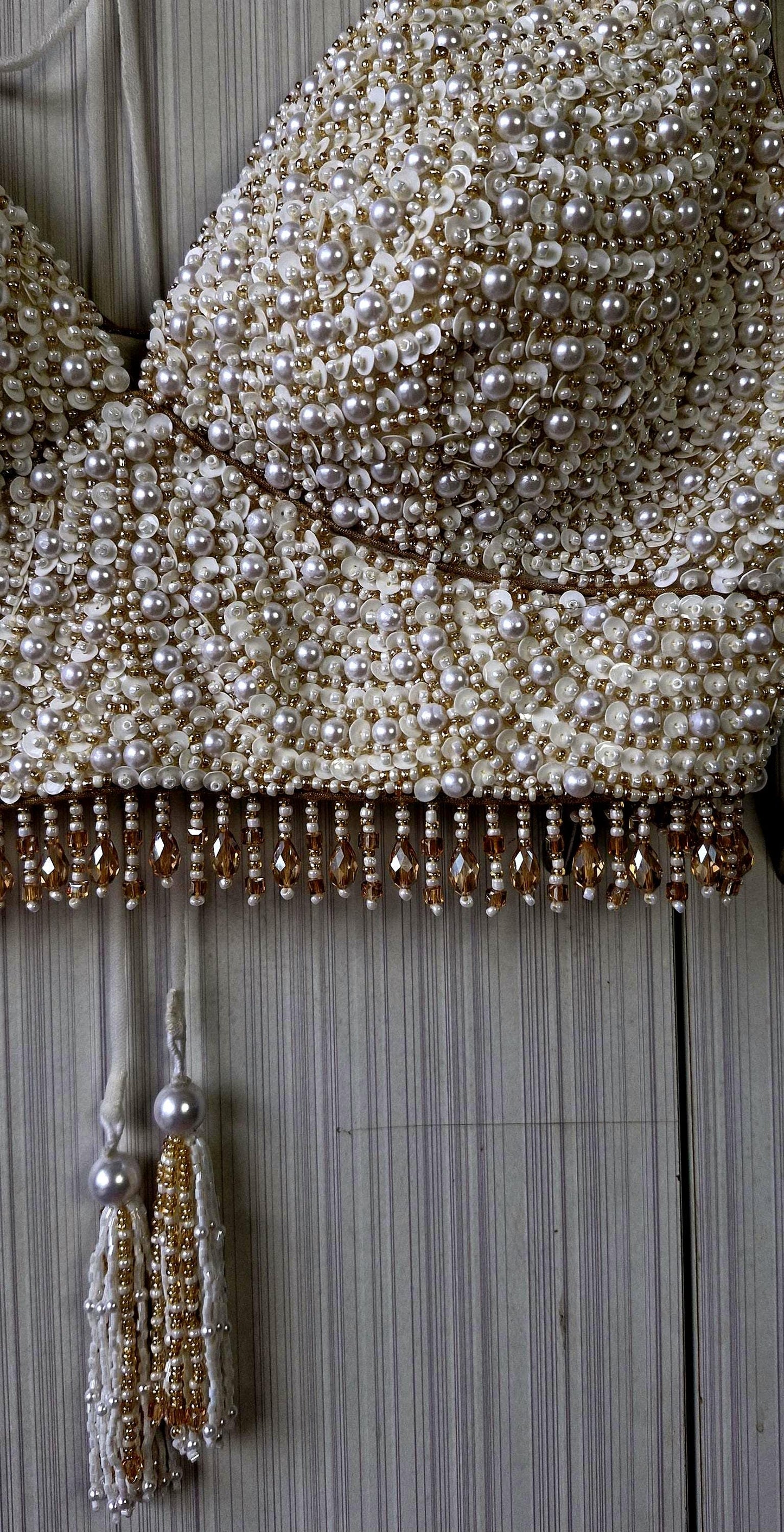 Hand Embroidered Ivory Gold Blouse, V Neck, Beads & Sequins DVBL_518