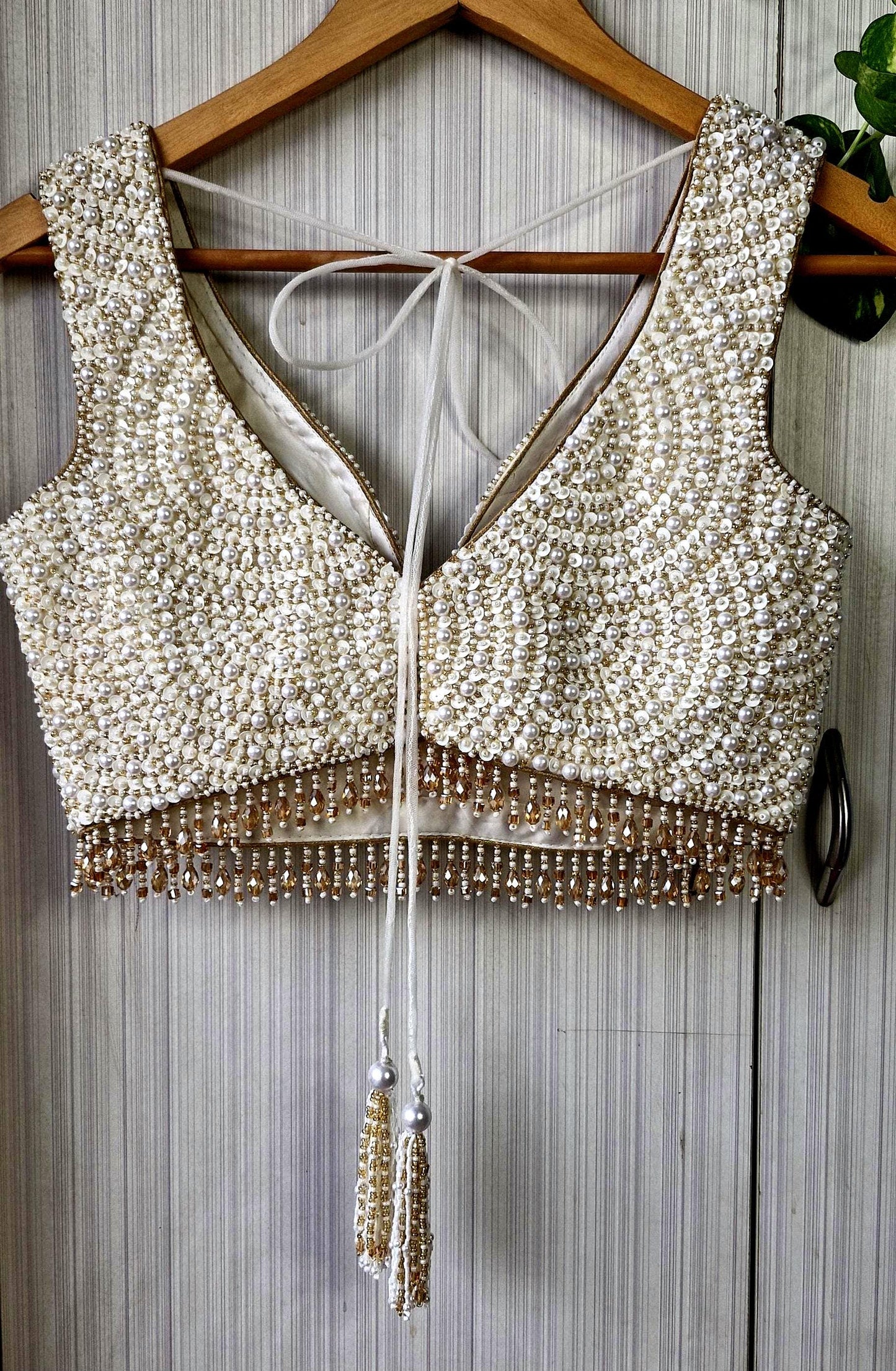 Hand Embroidered Ivory Gold Blouse, V Neck, Beads & Sequins DVBL_518