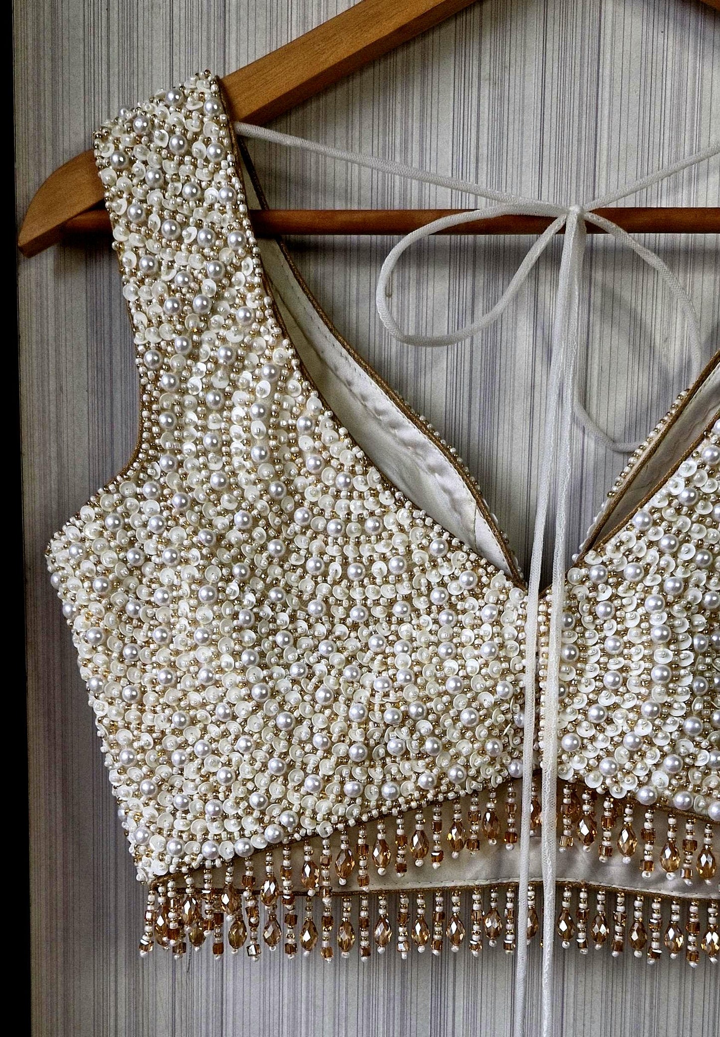 Hand Embroidered Ivory Gold Blouse, V Neck, Beads & Sequins DVBL_518
