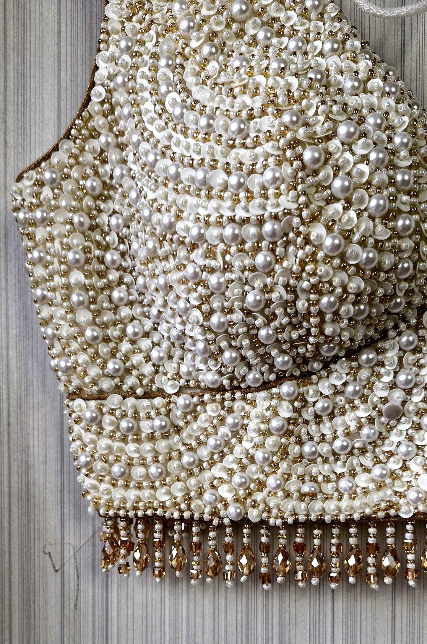 Hand Embroidered Ivory Gold Blouse, V Neck, Beads & Sequins DVBL_518