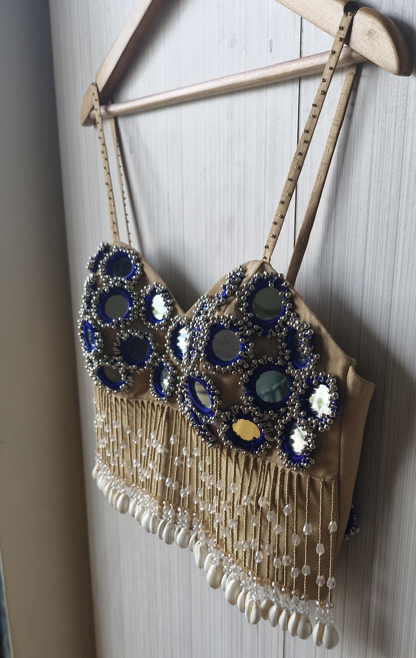 Beige Mirror Embroidered Silk Blouse, Handmade Beads Tassels, Spaghetti Dandiya Choli