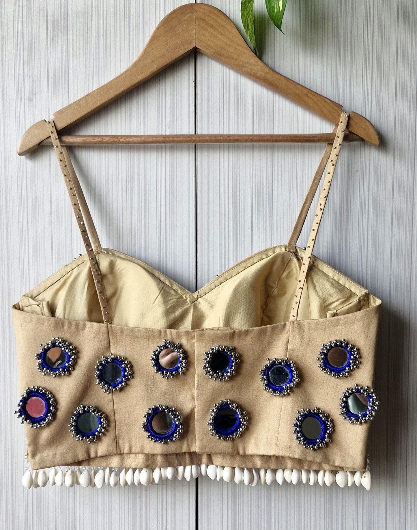 Beige Mirror Embroidered Silk Blouse, Handmade Beads Tassels, Spaghetti Dandiya Choli
