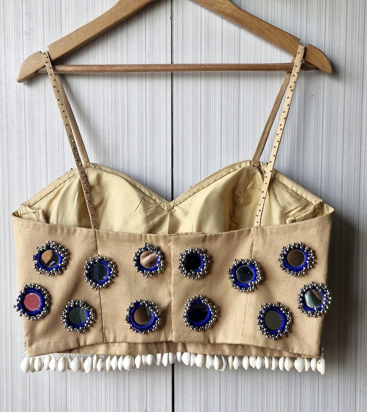 Beige Mirror Embroidered Silk Blouse, Handmade Beads Tassels, Spaghetti Dandiya Choli