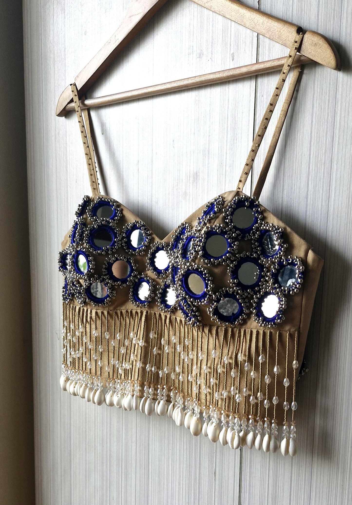 Beige Mirror Embroidered Silk Blouse, Handmade Beads Tassels, Spaghetti Dandiya Choli