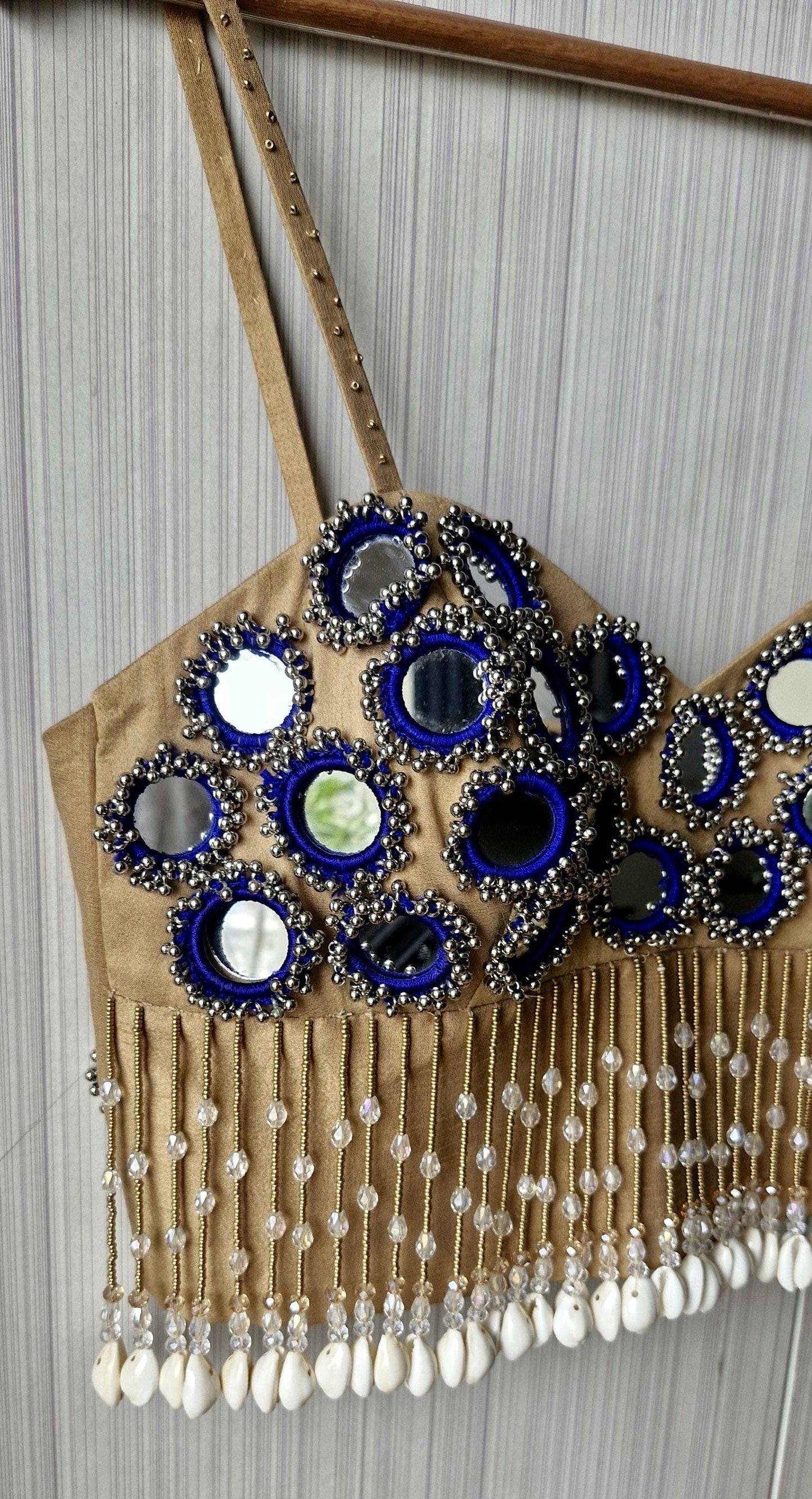Beige Mirror Embroidered Silk Blouse, Handmade Beads Tassels, Spaghetti Dandiya Choli