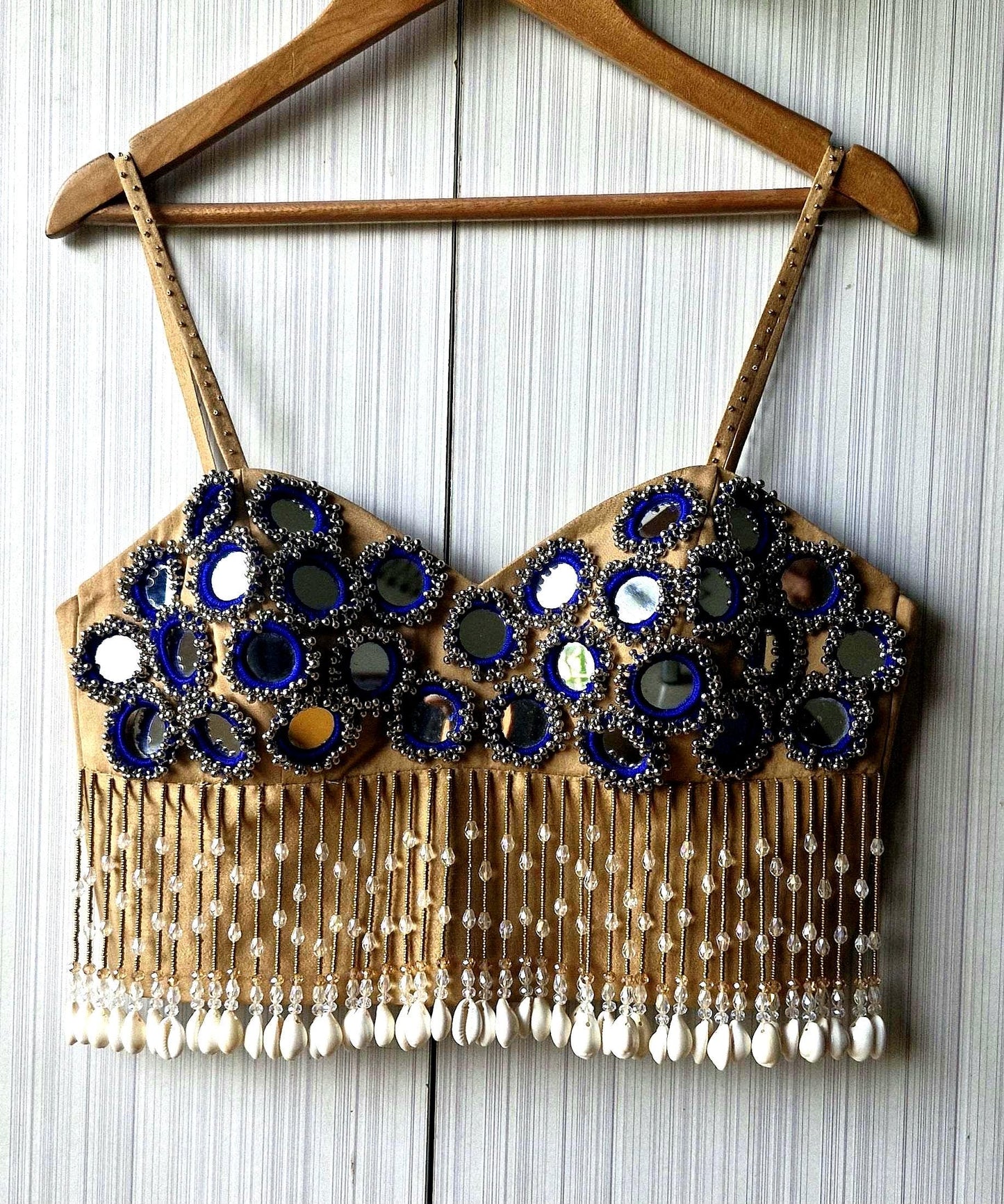 Beige Mirror Embroidered Silk Blouse, Handmade Beads Tassels, Spaghetti Dandiya Choli