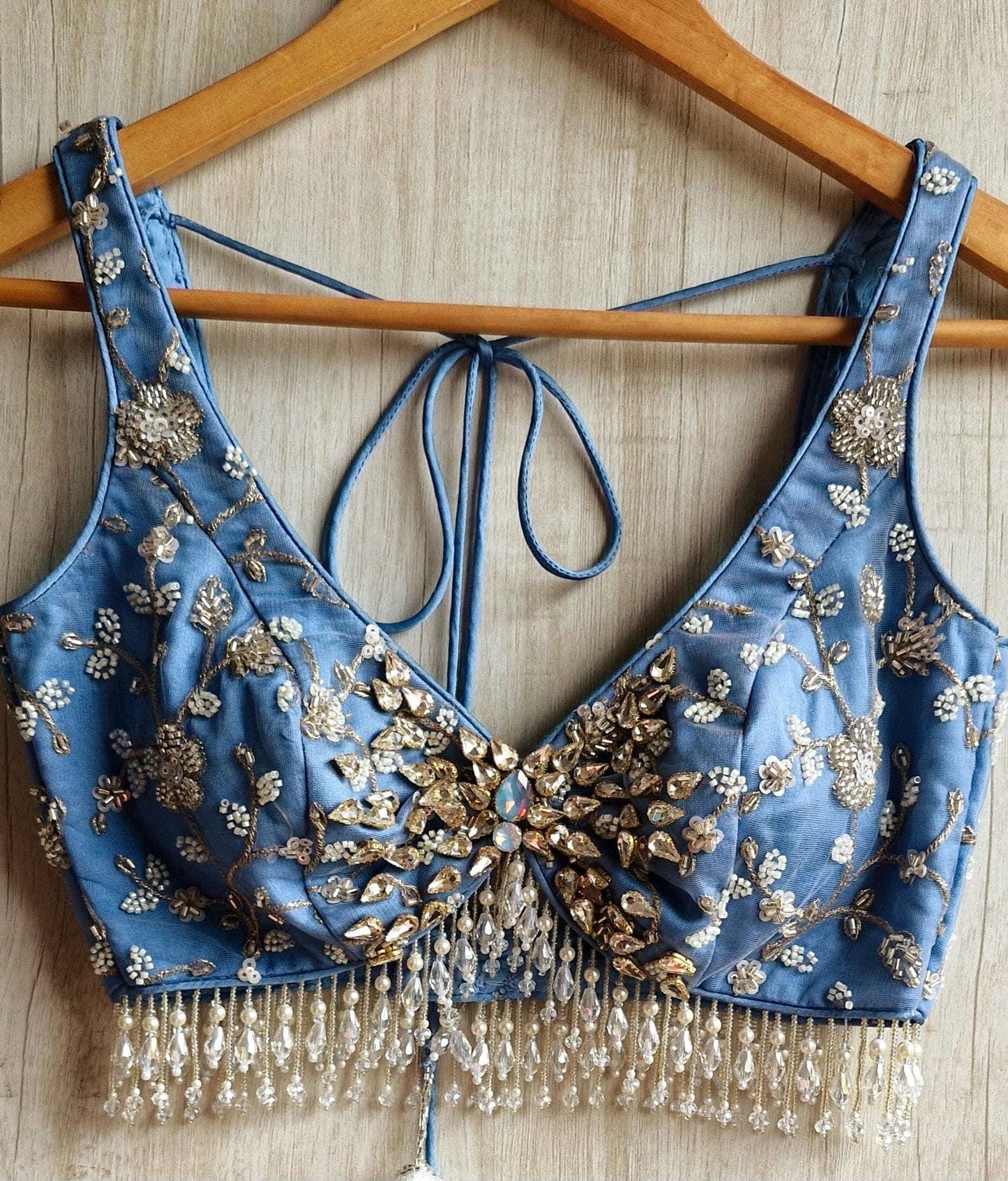Embroidered Ice Blue Bejeweled Blouse, Stones Embellished Bralette