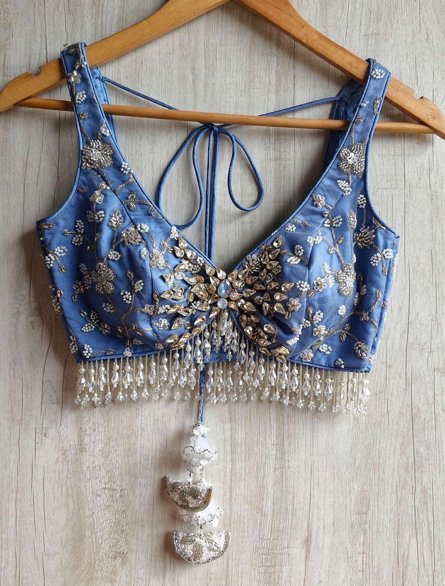 Embroidered Ice Blue Bejeweled Blouse, Stones Embellished Bralette