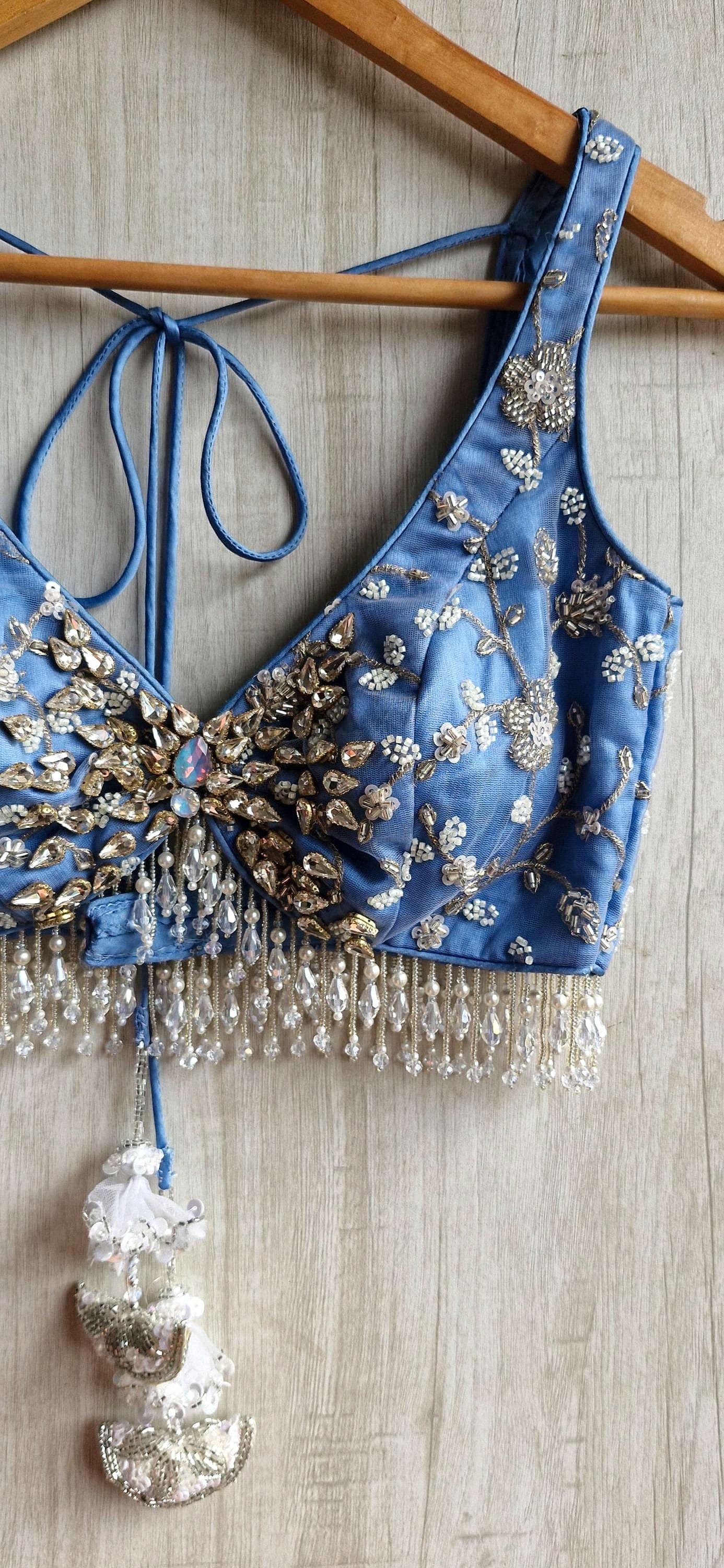 Embroidered Ice Blue Bejeweled Blouse, Stones Embellished Bralette