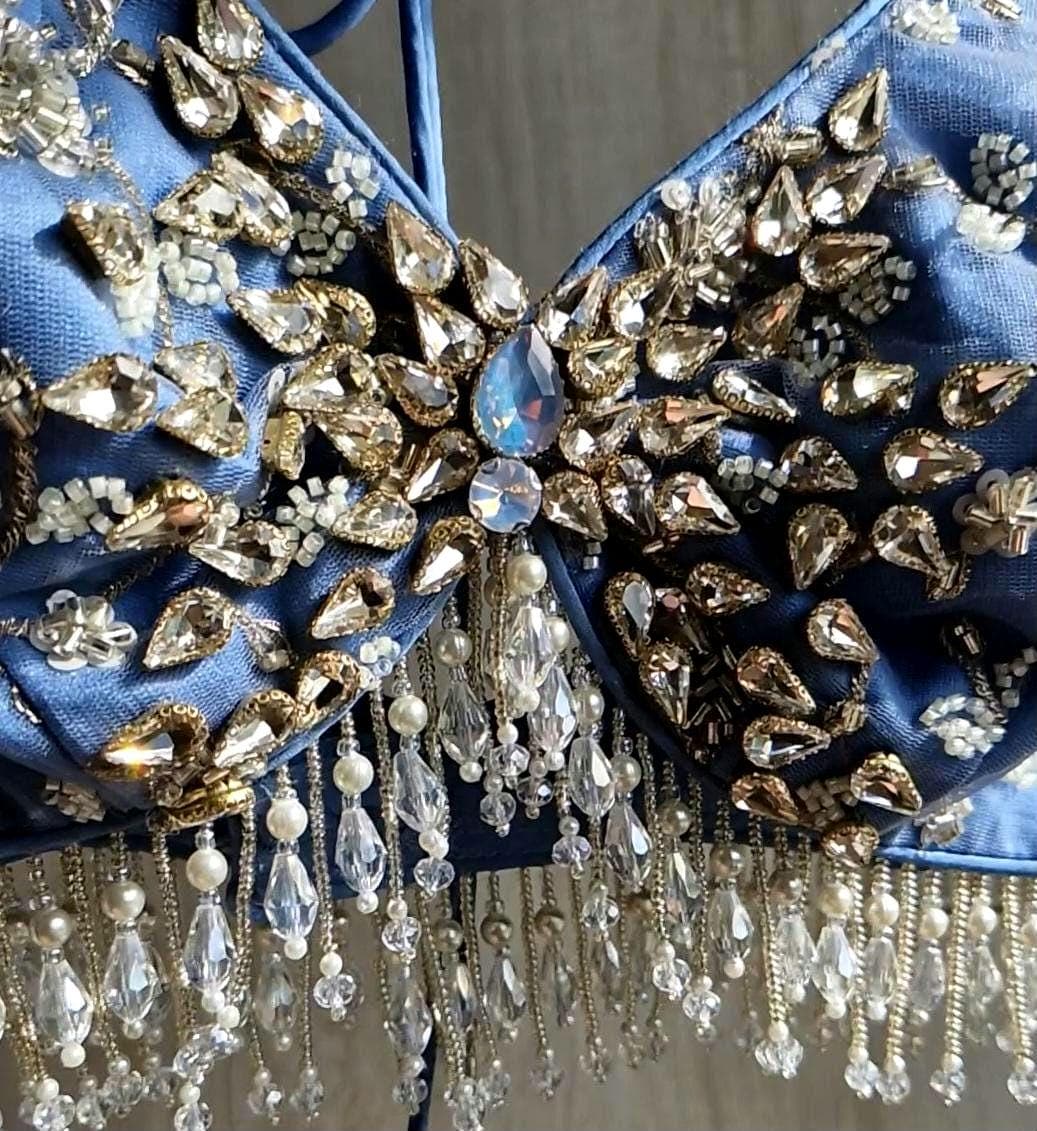 Embroidered Ice Blue Bejeweled Blouse, Stones Embellished Bralette