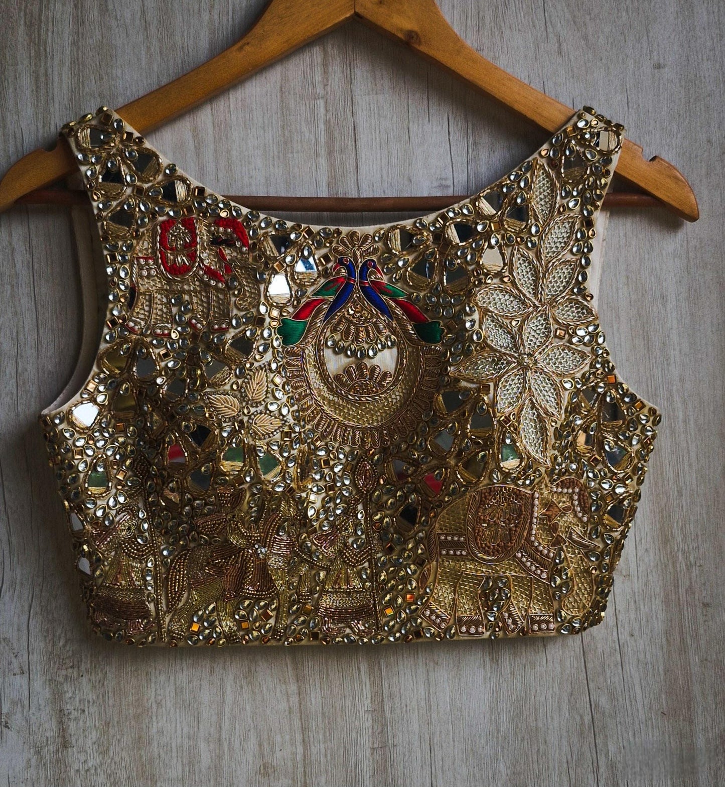 Hand Embroidered Gold Boat Neck Bejeweled Blouse