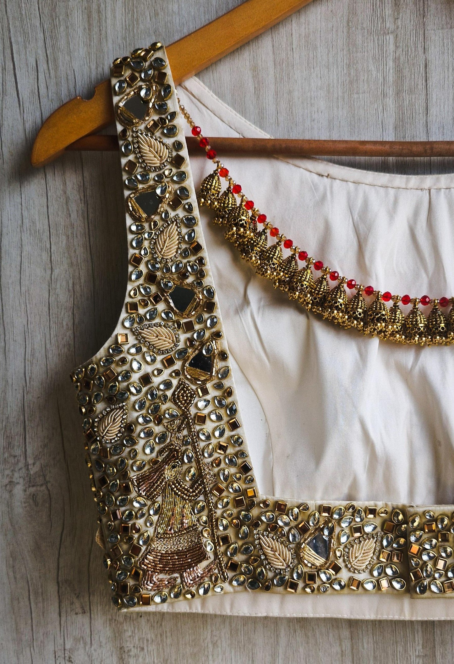 Hand Embroidered Gold Boat Neck Bejeweled Blouse