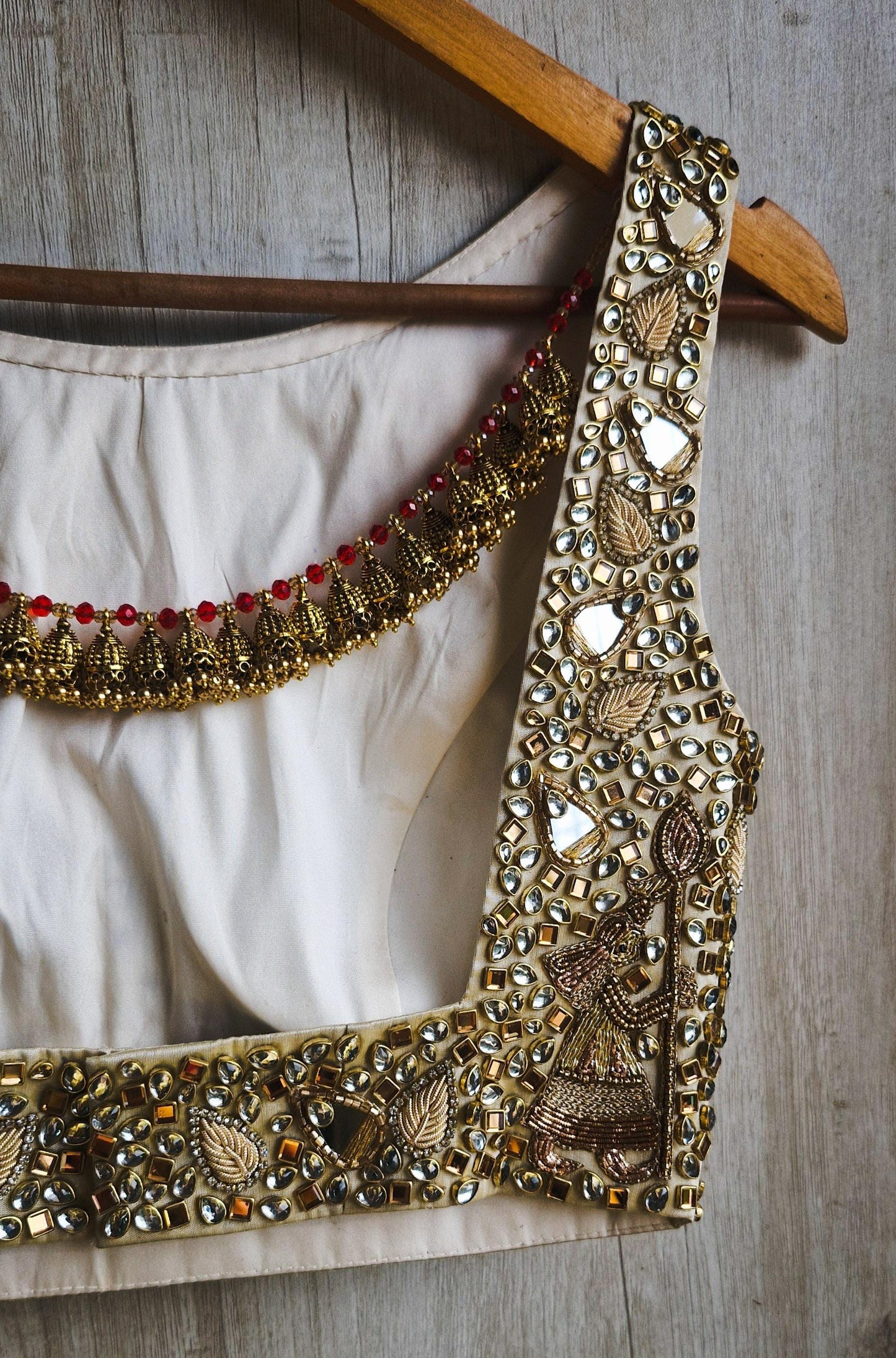 Hand Embroidered Gold Boat Neck Bejeweled Blouse