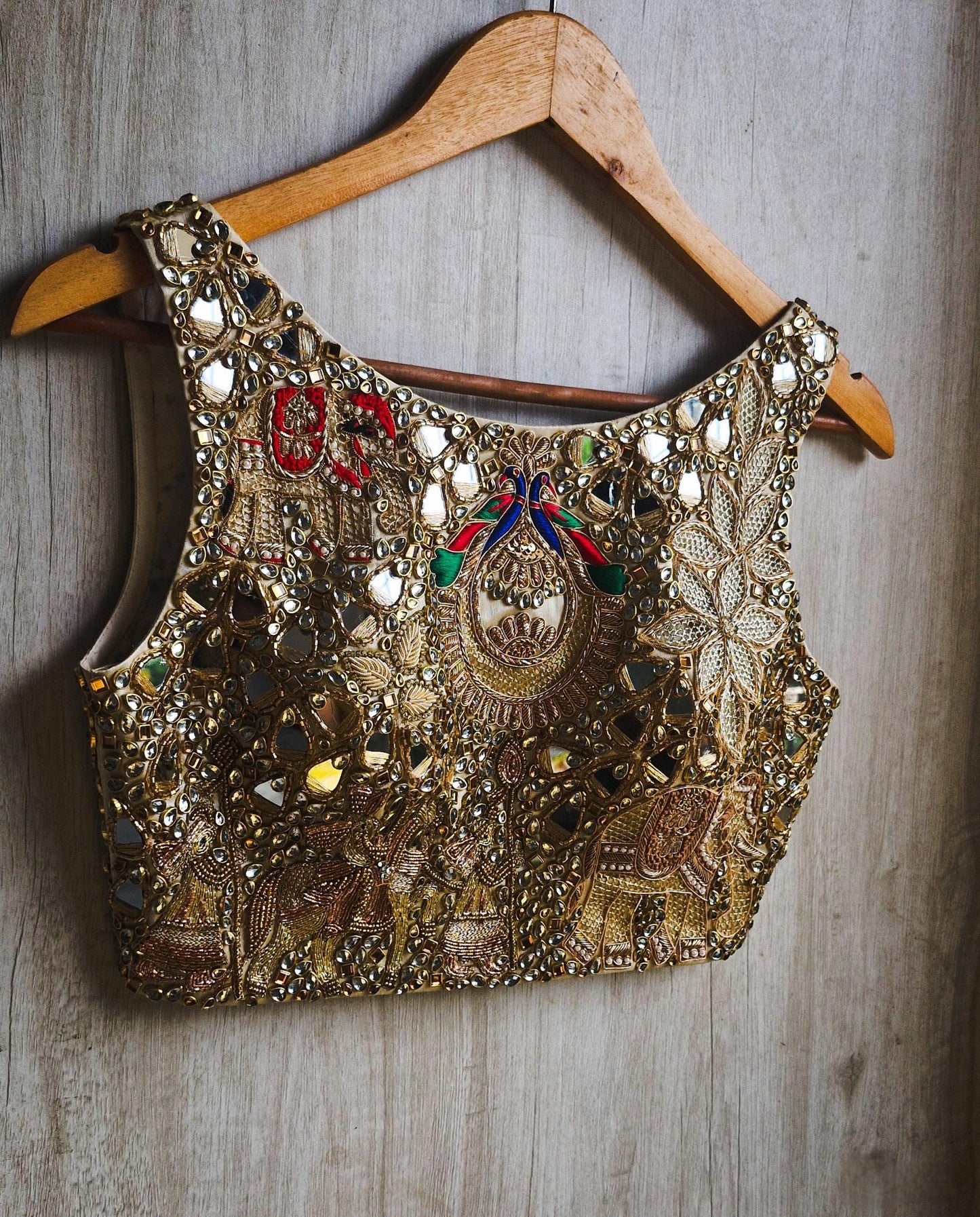 Hand Embroidered Gold Boat Neck Bejeweled Blouse