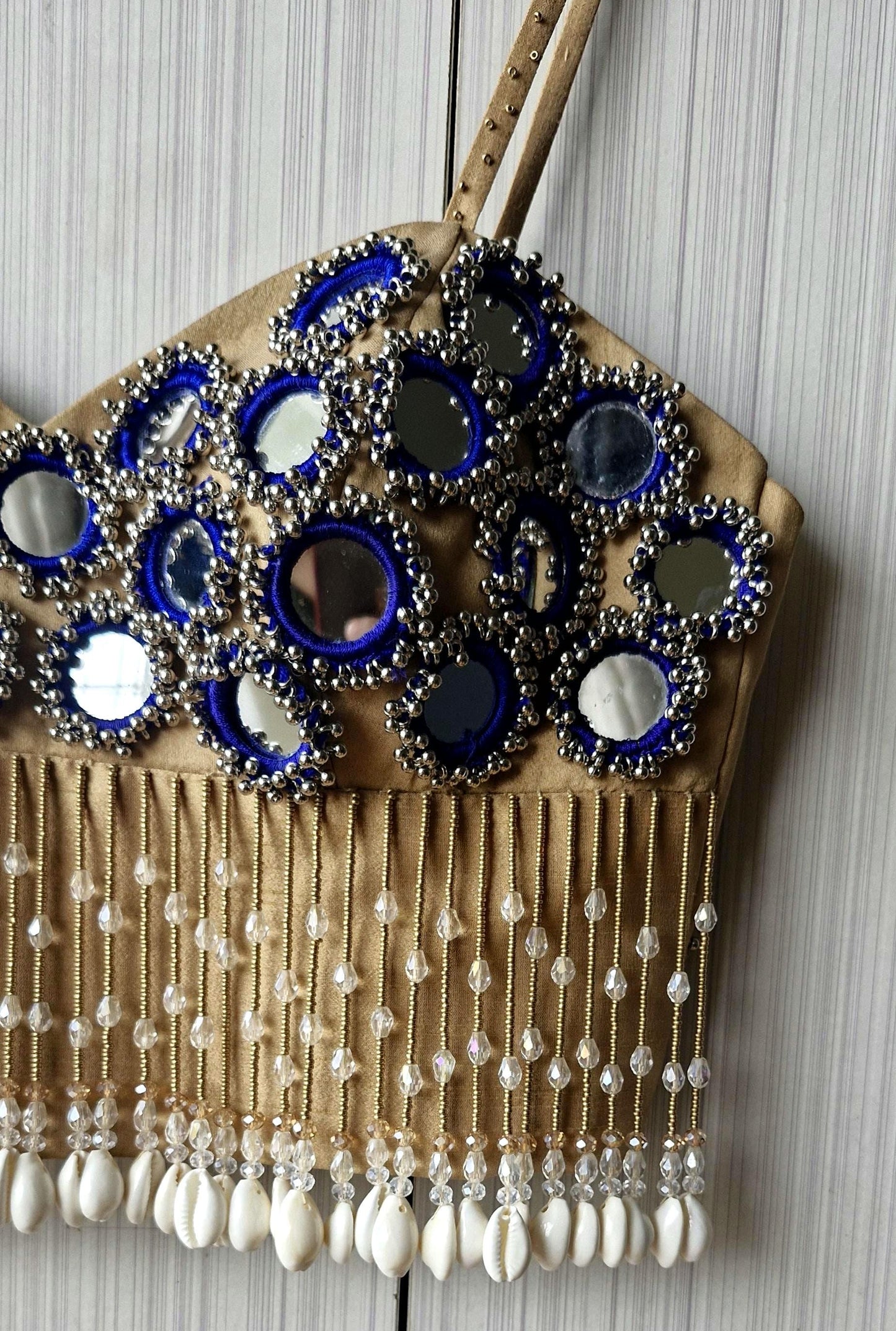 Beige Mirror Embroidered Silk Blouse, Handmade Beads Tassels, Spaghetti Dandiya Choli