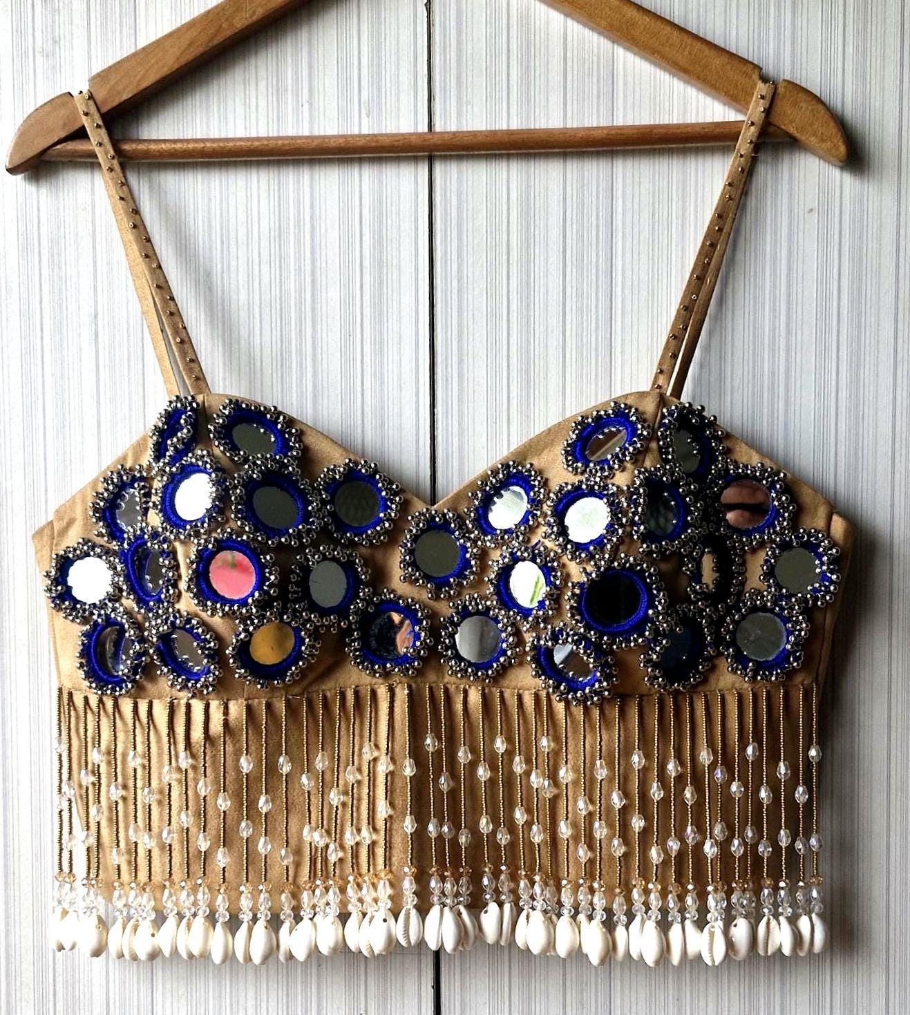 Beige Mirror Embroidered Silk Blouse, Handmade Beads Tassels, Spaghetti Dandiya Choli