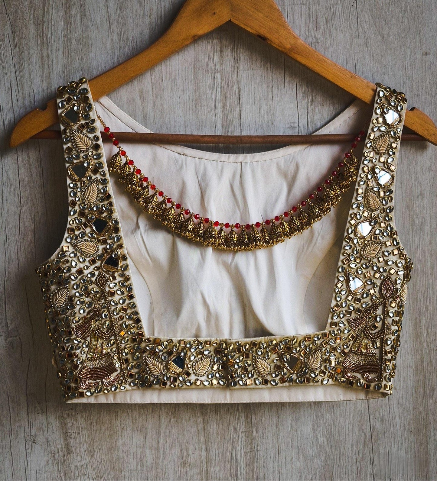 Hand Embroidered Gold Boat Neck Bejeweled Blouse
