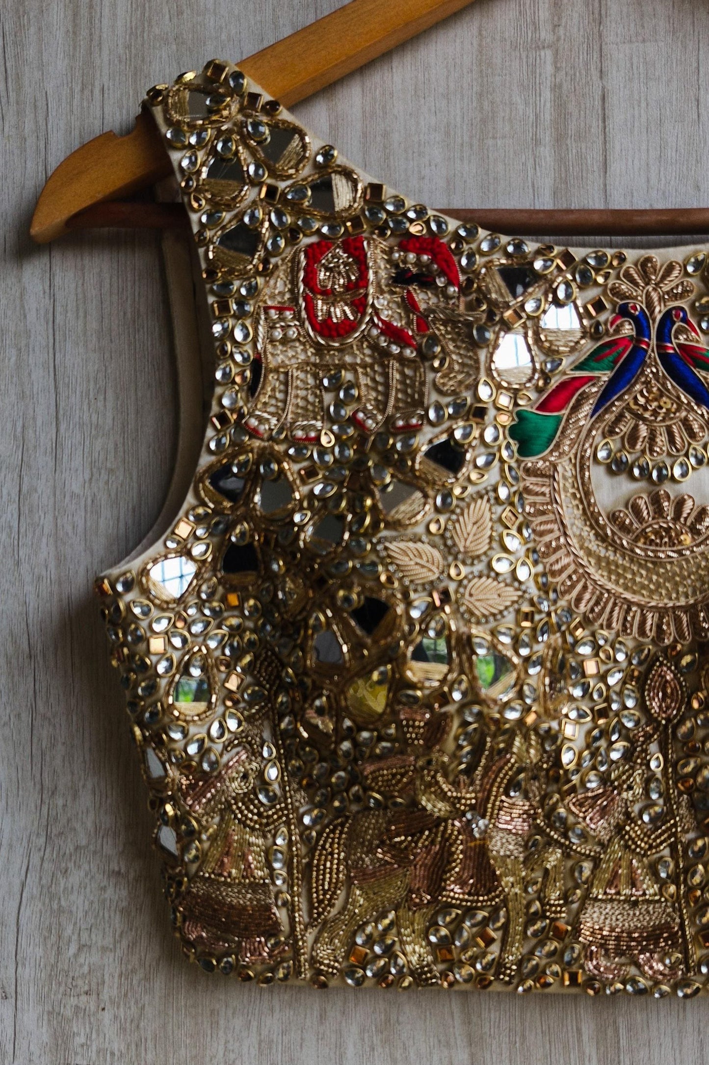 Hand Embroidered Gold Boat Neck Bejeweled Blouse