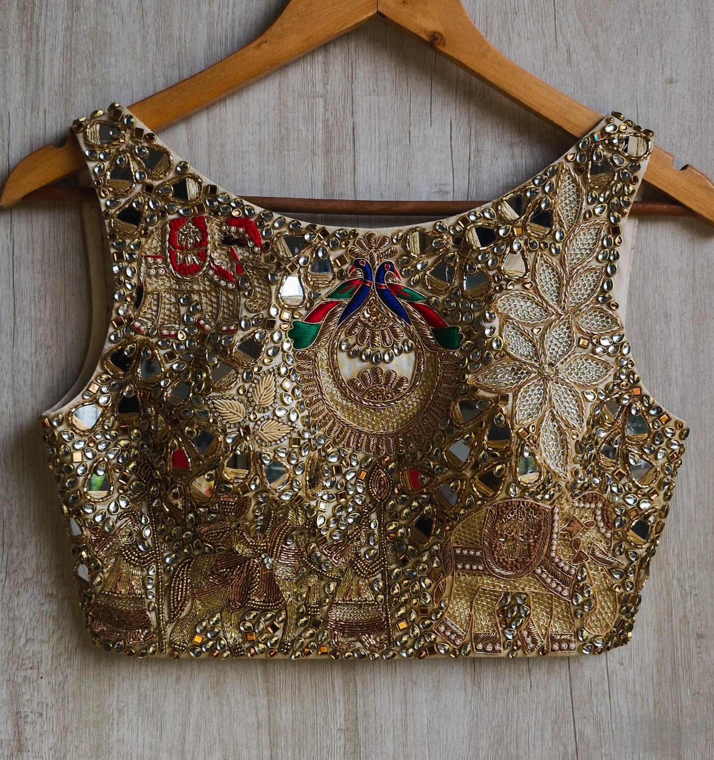 Hand Embroidered Gold Boat Neck Bejeweled Blouse
