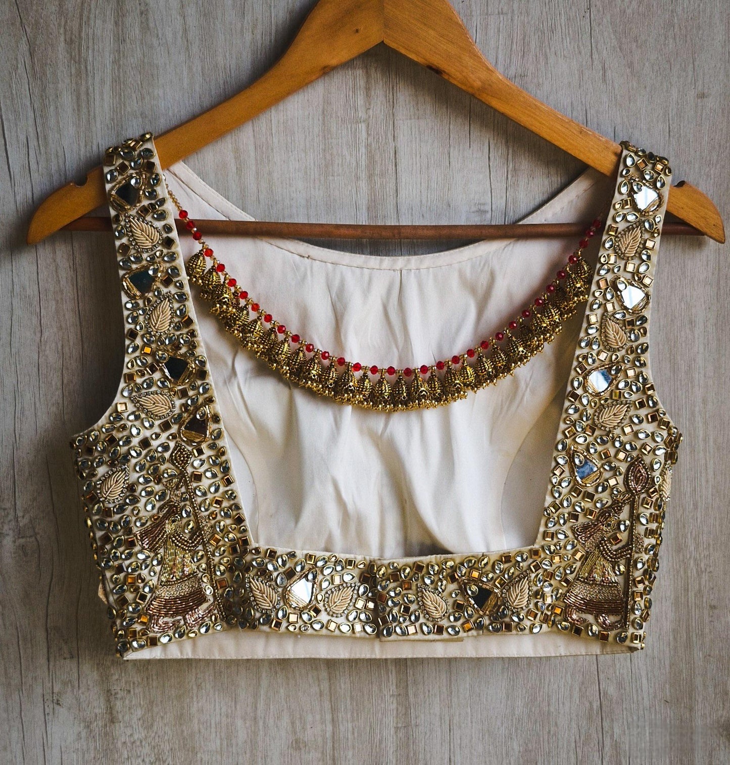 Hand Embroidered Gold Boat Neck Bejeweled Blouse