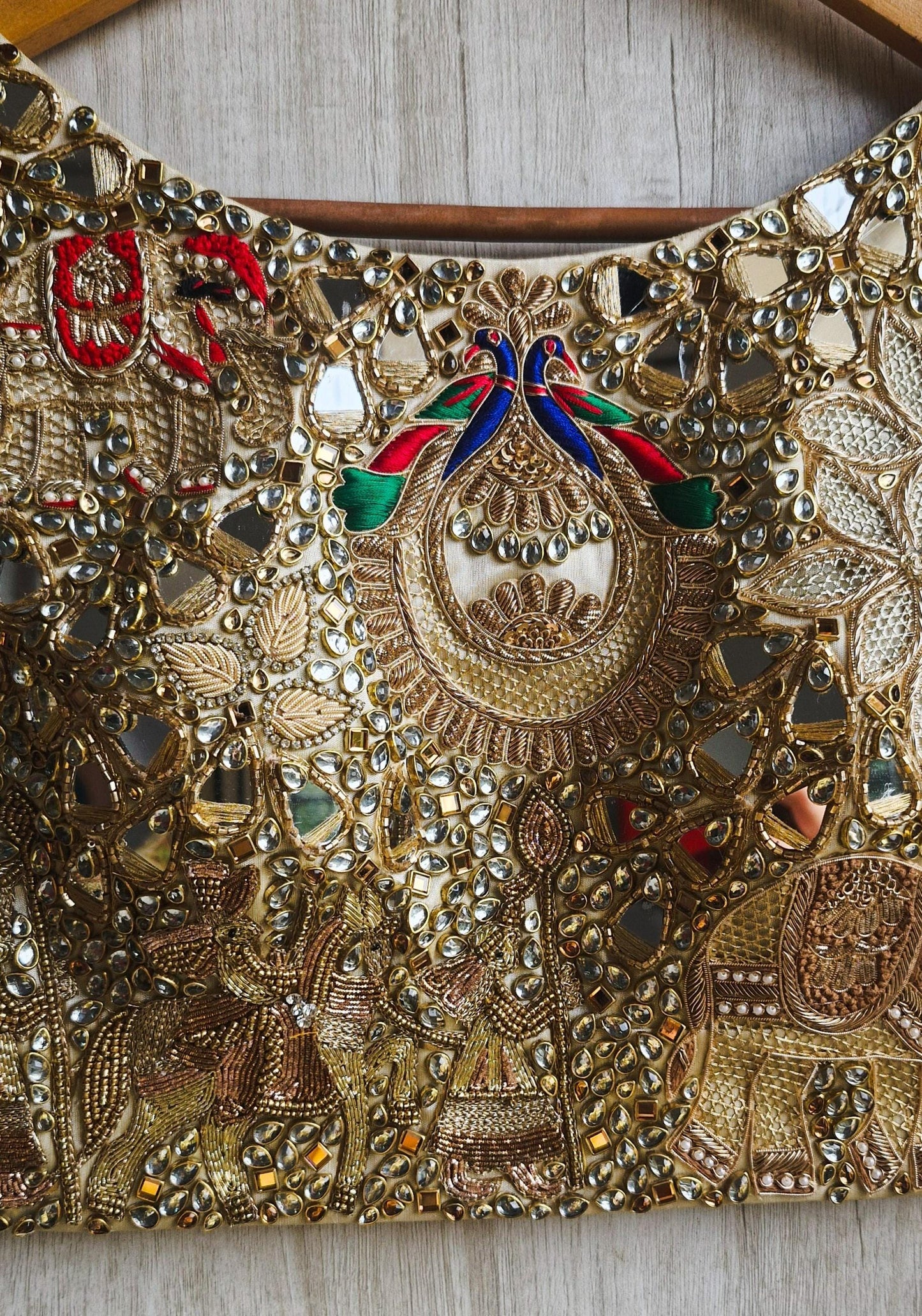 Hand Embroidered Gold Boat Neck Bejeweled Blouse