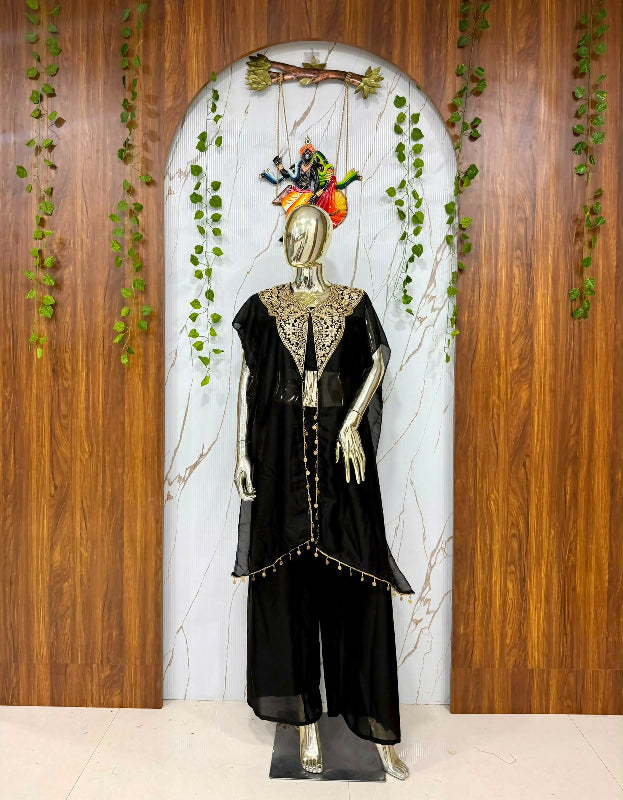 Black indo western crop top with palazzo and jacket 3pc set