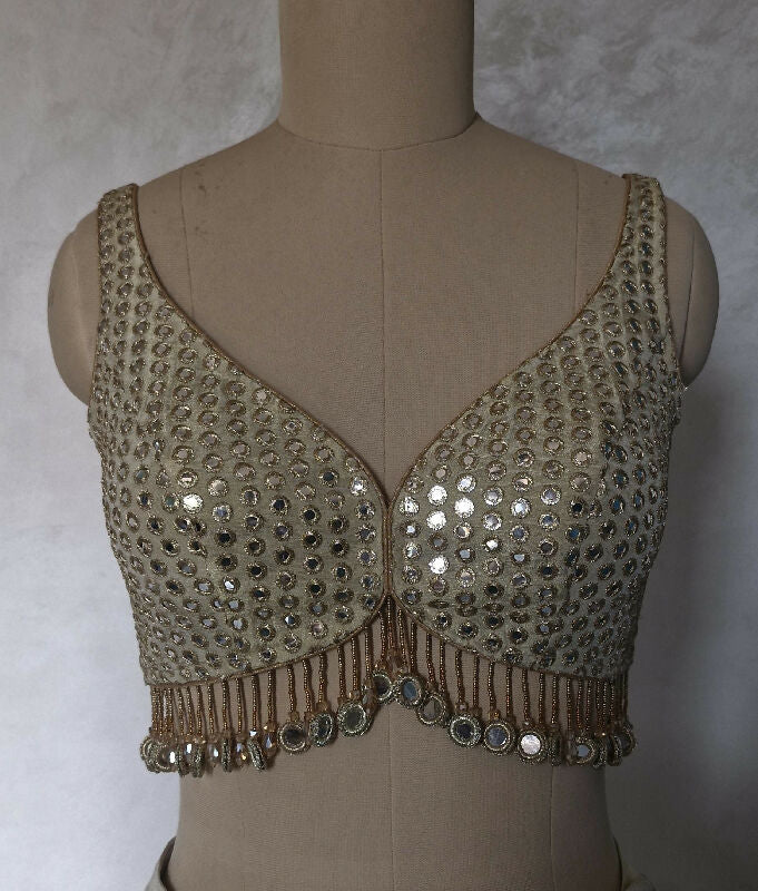 Champagne Gold Saree Blouse, Tissue Silk Sweetheart Neck, Mirror Fringes